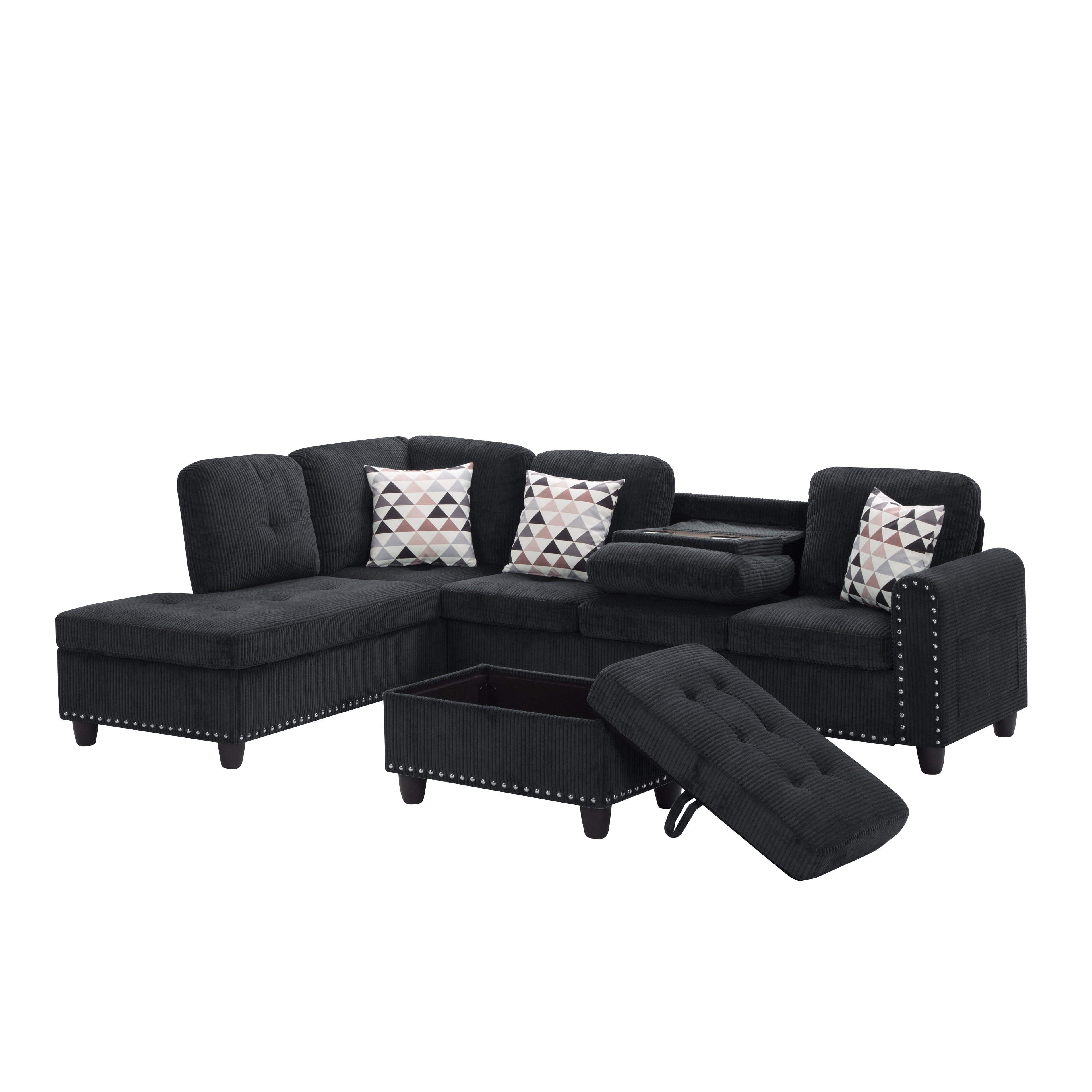 Gewnee 94.49" L-shaped Modular Fabric Sofa Set with Storage Ottoman and Cup Holders & throw pillows.Suitable for Living Rooms,Offices and Reception Rooms.Black