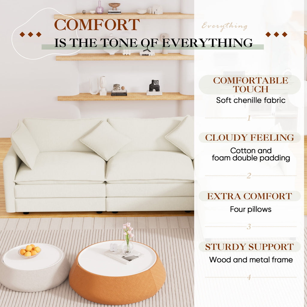 Muumblus Sectional Sofa Cloud Couch with Reversible Ottoman, L-Shaped Chenille Sofa for Living Rooms, Beige