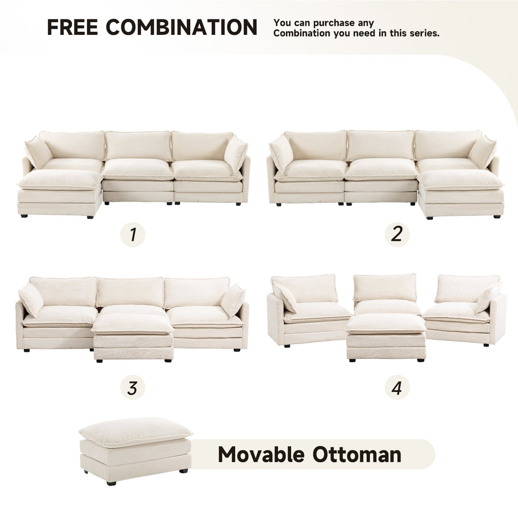 JUSTLET Sectional Sofa with Ottoman, L Shaped Corduroy Cloud Couch with Chaise, Modular Sectional Sofa Sleeper Furniture Set for Living Room, Beige
