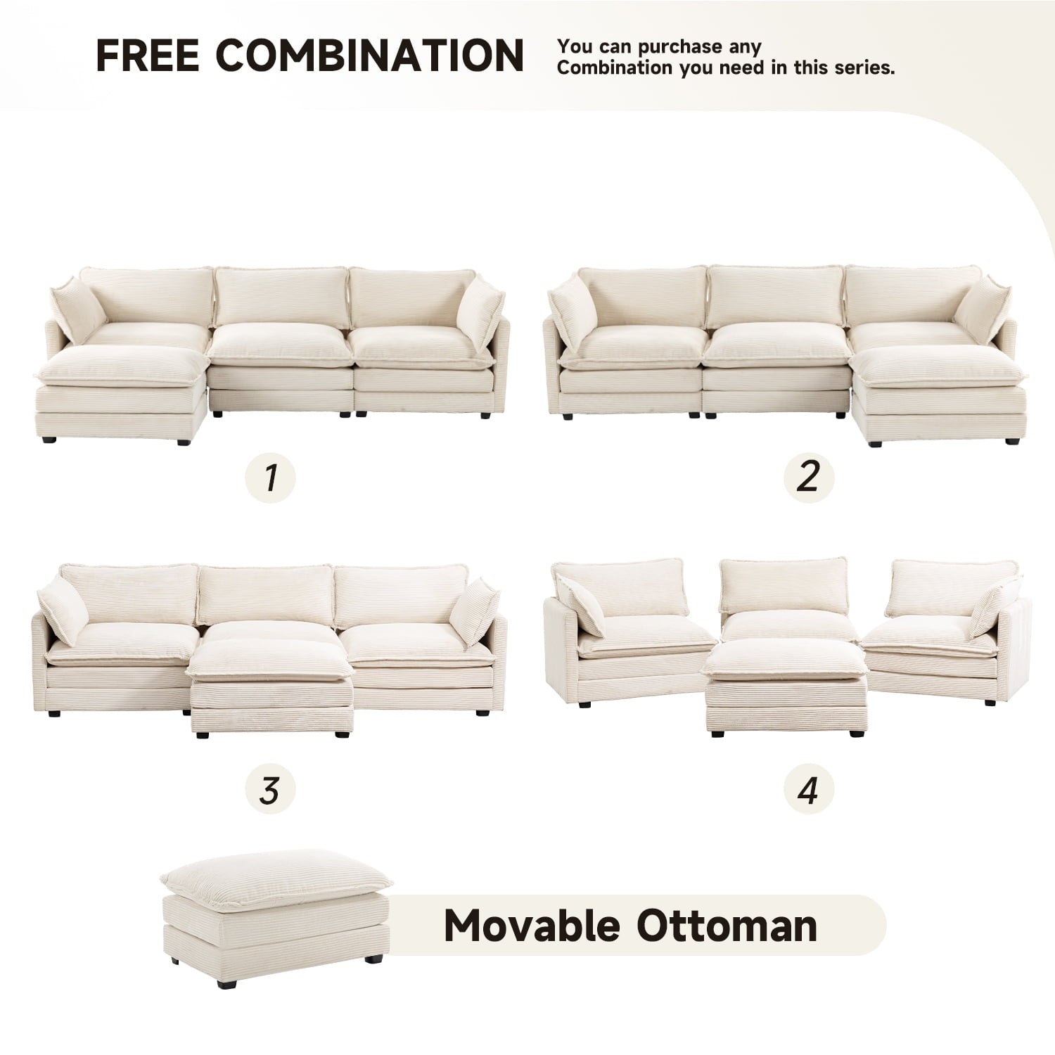 JUSTLET Sectional Sofa with Ottoman, L Shaped Corduroy Cloud Couch with Chaise, Modular Sectional Sofa Sleeper Furniture Set for Living Room, Beige