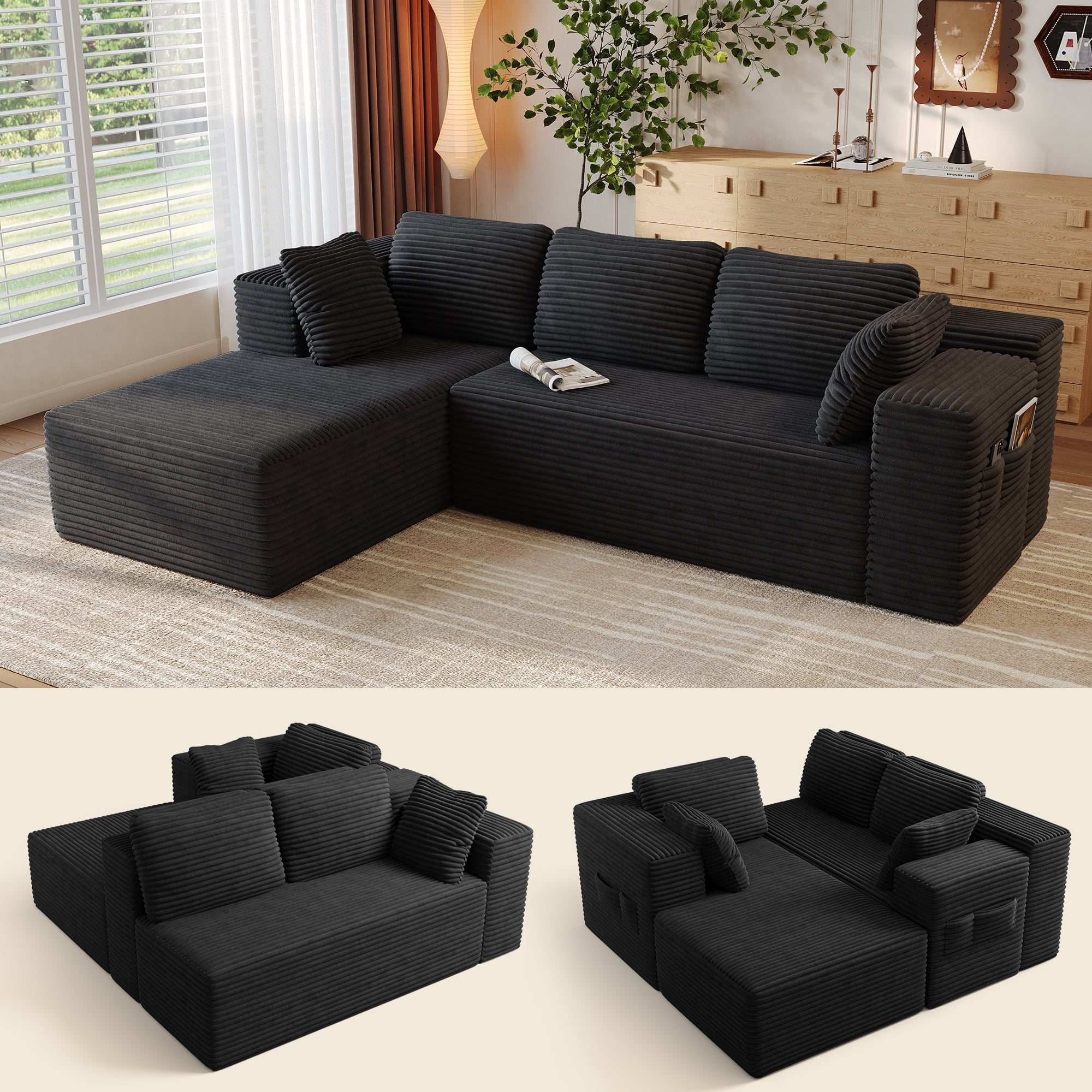 Lofka 105" Cloud L-Shaped Sectional Sofa and Couch with Movable Ottoman and Soft Seats for Living Room, No Assembly Required, Black (Plush Corduroy Fabric)