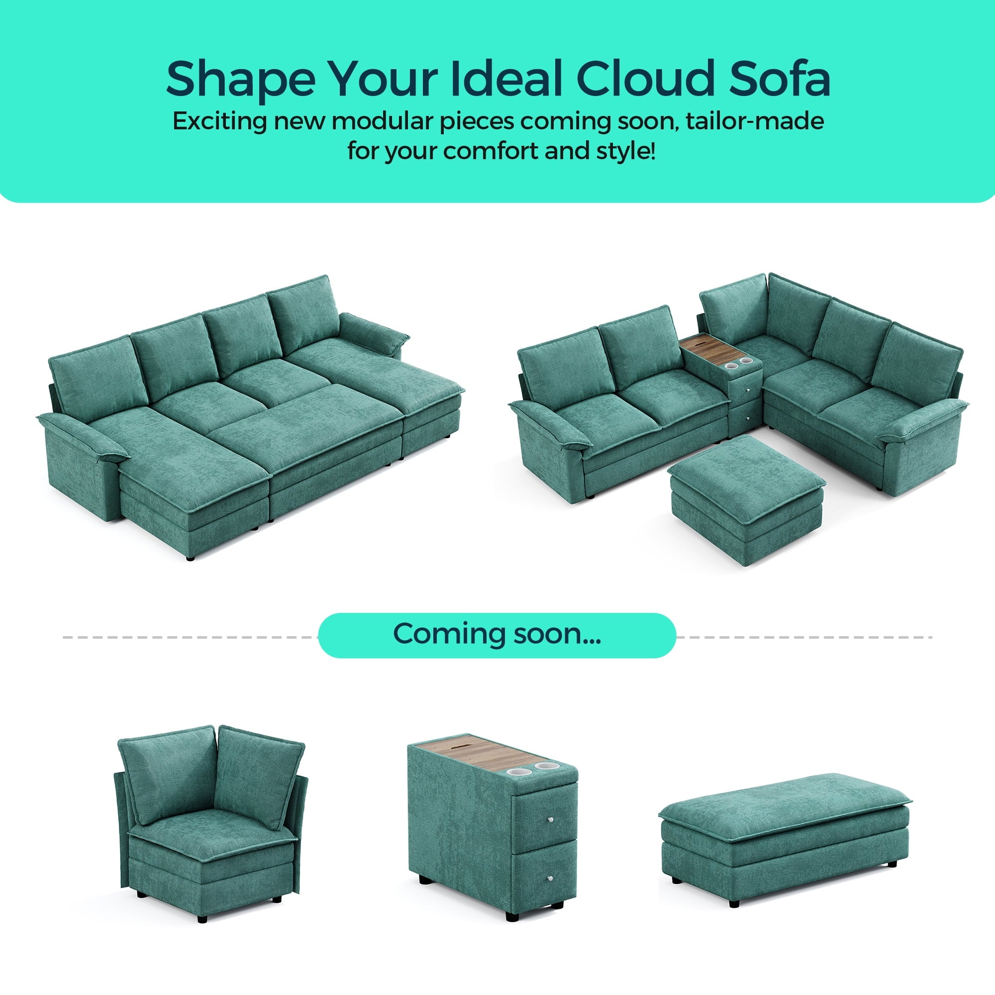 Linsy Home 113" Cloud Sectional Couches for Living Room, L-Shaped Sectional Sofa with Movable Ottoman, Green