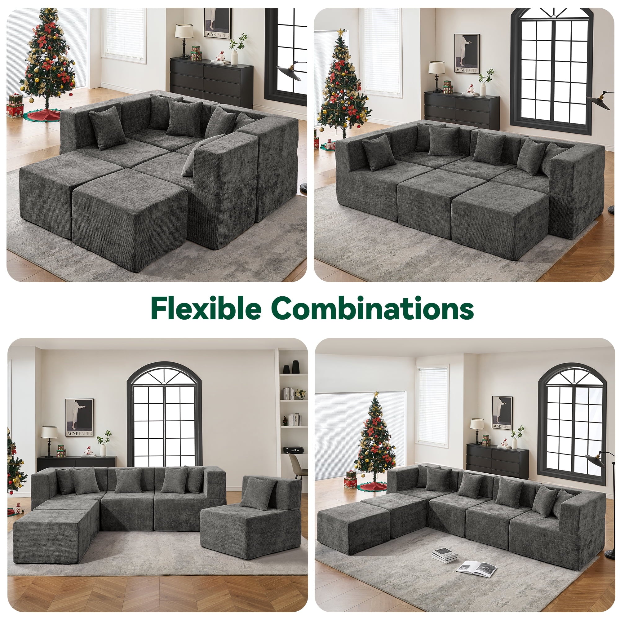 Behost 130" Oversized Modular Sectional Sofa for Living Room Furniture, Chenille Cloud Couch with Ottomans, Dark Gray