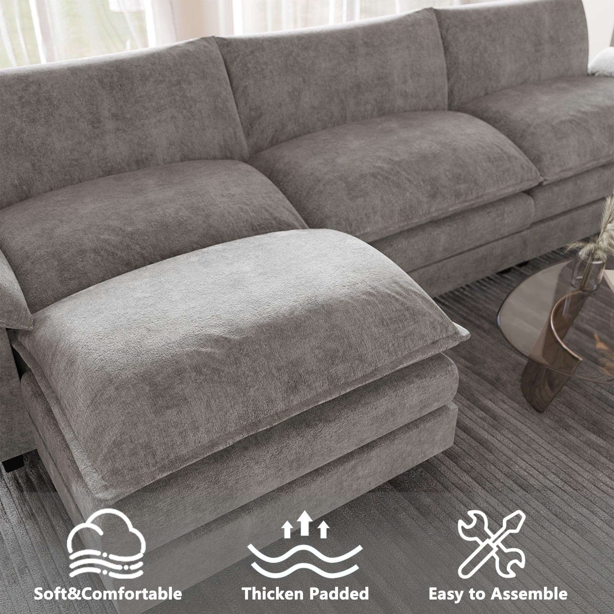 Furmax 3-seat Sectional Sofa Sectional Couch with Reversible Toffee Chair Convertible Sofa with Ottoman,Gray