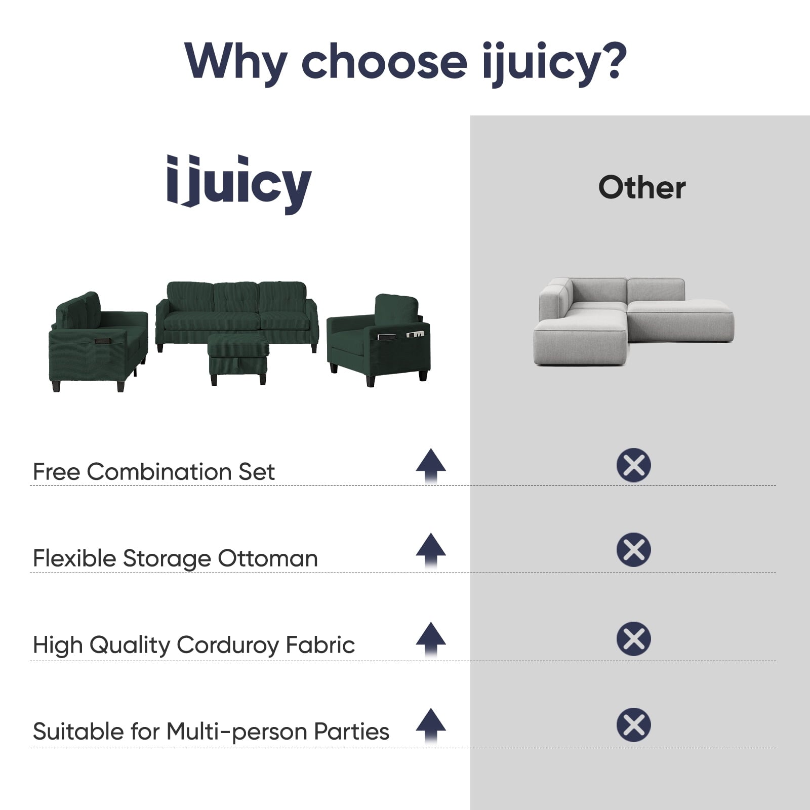 ZAFLY 3PCS Sectional Couch Set, Living Room Furniture Sofa Sets, Include Sofa, Loveseat & Chair - Green