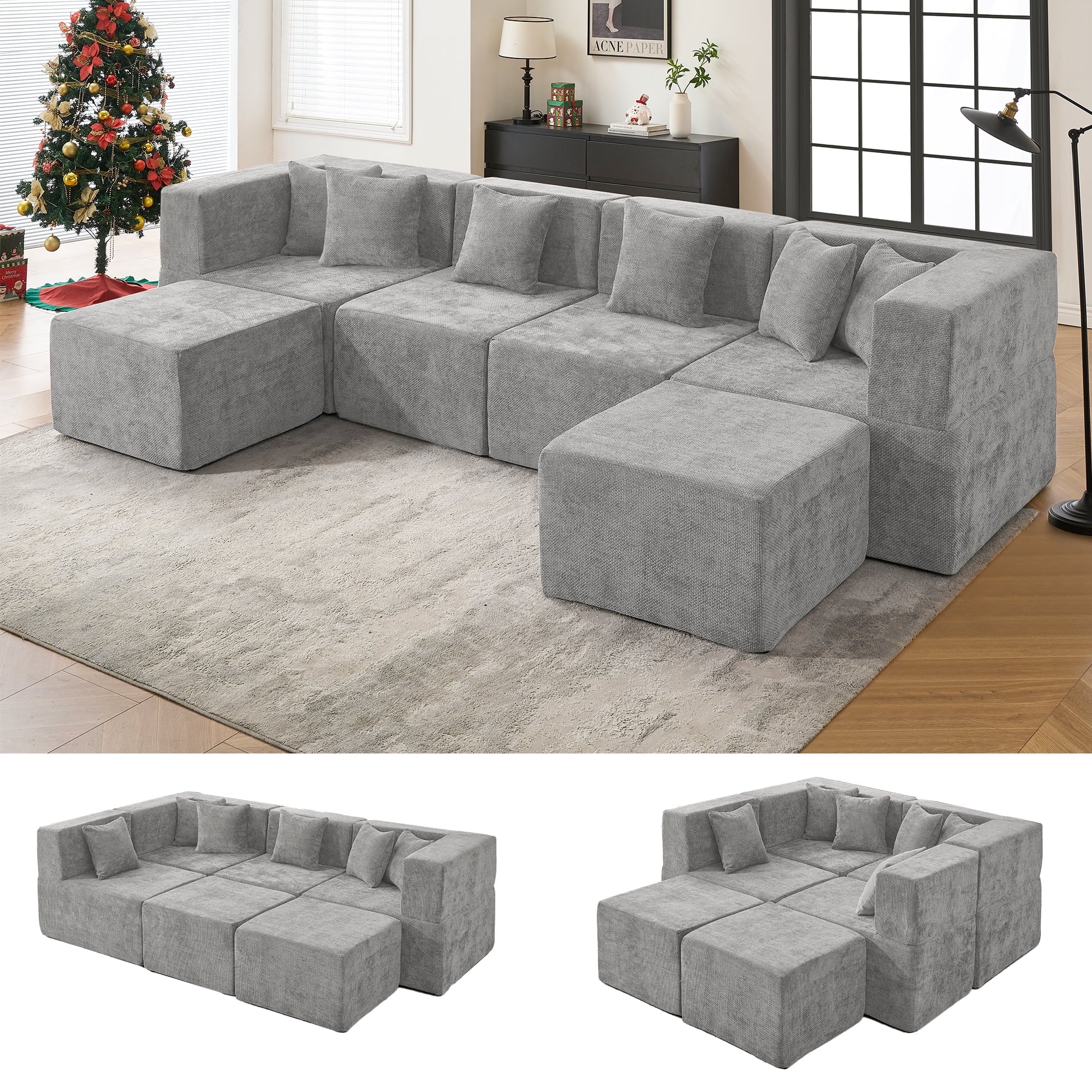 Behost 130" Oversized Modular Sectional Sofa for Living Room Furniture, Chenille Cloud Couch with Ottomans, Dark Gray