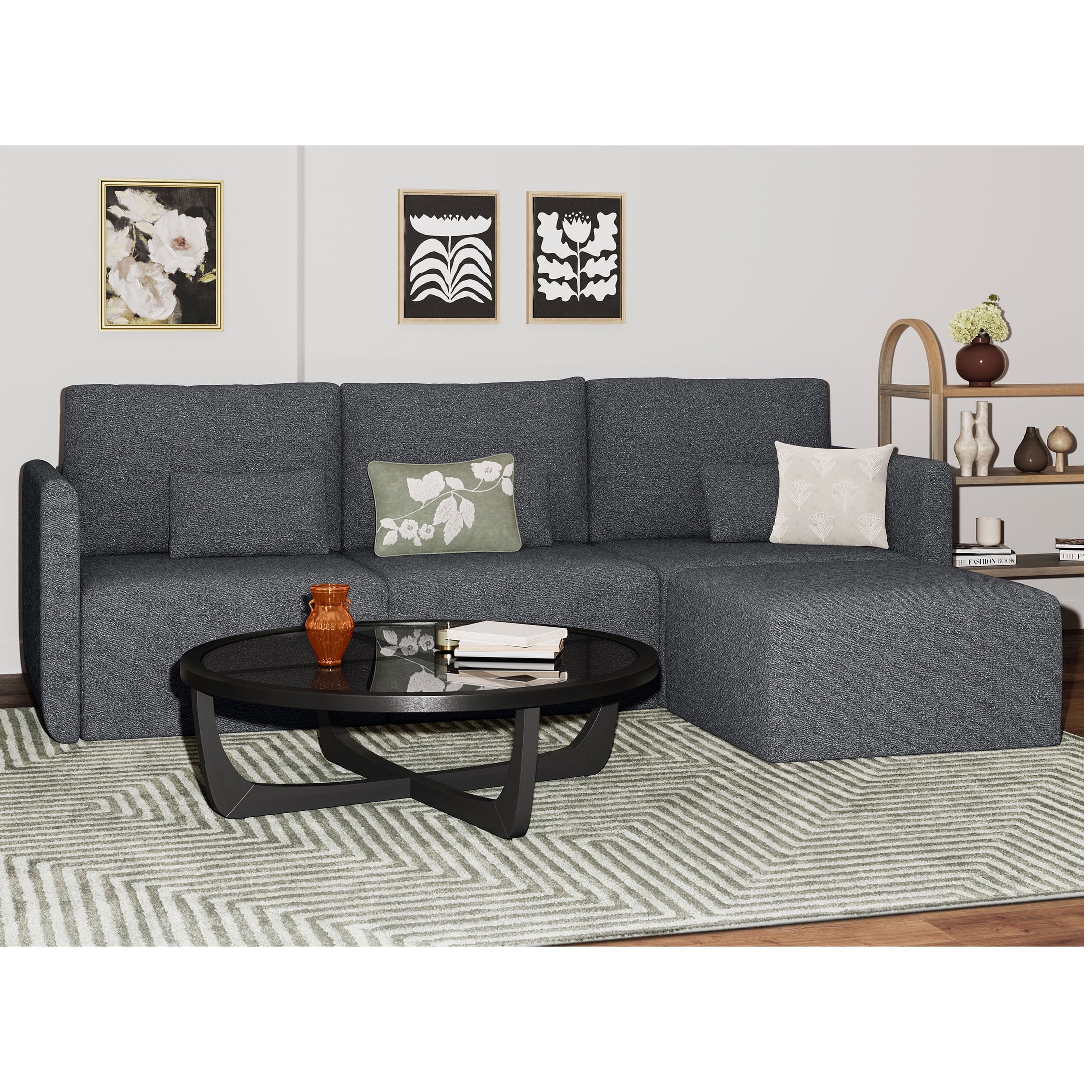 Beautiful Drew Modular Sectional Sofa with Ottoman by Drew Barrymore, Gray Fabric