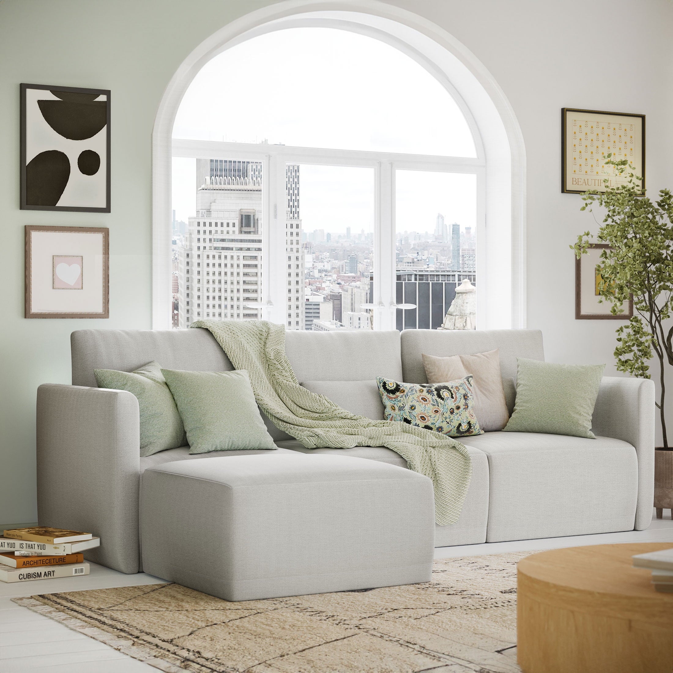 Beautiful Drew Modular Sectional Sofa with Ottoman by Drew Barrymore, Gray Fabric