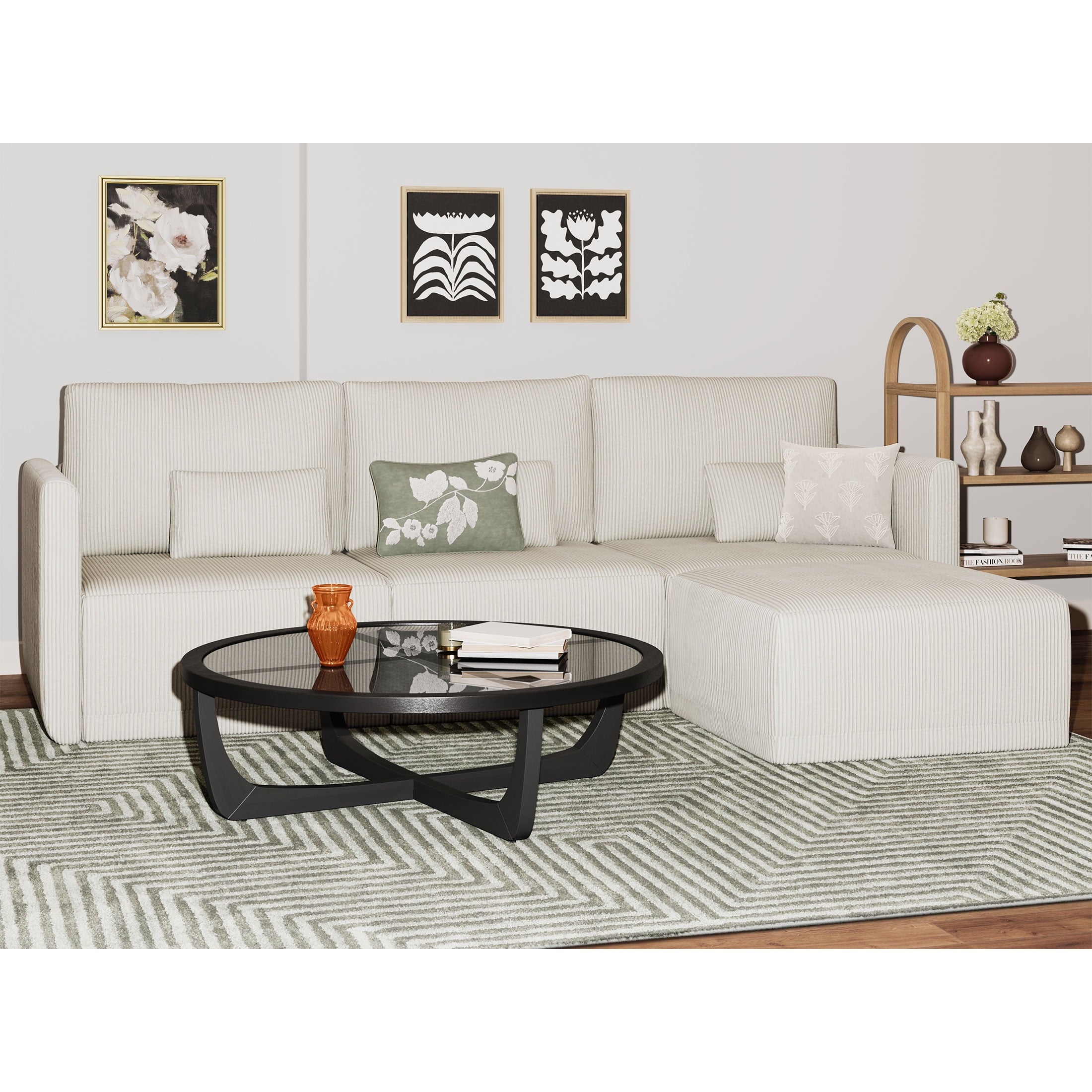 Beautiful Drew Modular Sectional Sofa with Ottoman by Drew Barrymore, Gray Fabric
