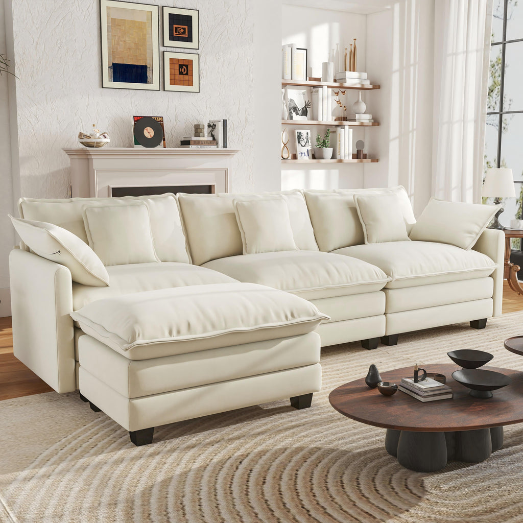 BedLuxury 111.5'' Modular Sectional Sofa with Movable Ottoman, L Shaped Cloud Couch for Living Room, 3-Seat, Beige