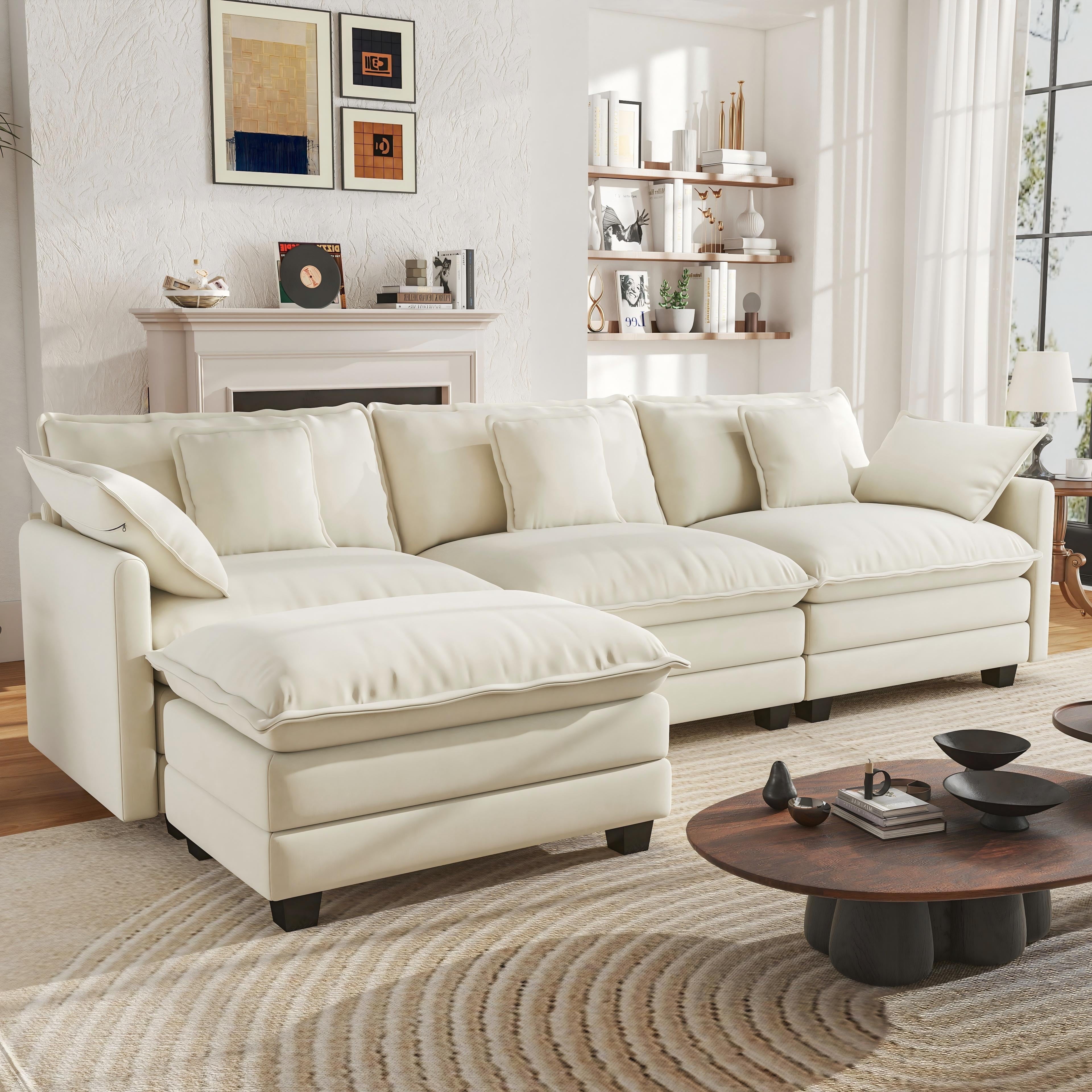 BedLuxury 111.5'' Modular Sectional Sofa with Movable Ottoman, L Shaped Cloud Couch for Living Room, 3-Seat, Beige