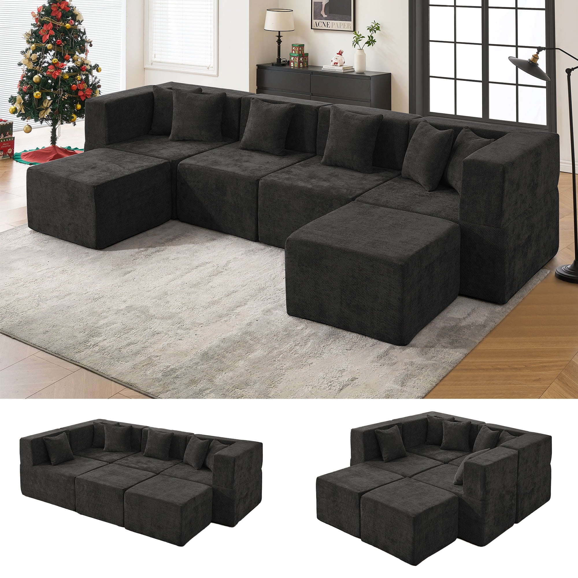 Behost 130" Oversized Modular Sectional Sofa for Living Room Furniture, Chenille Cloud Couch with Ottomans, Dark Gray