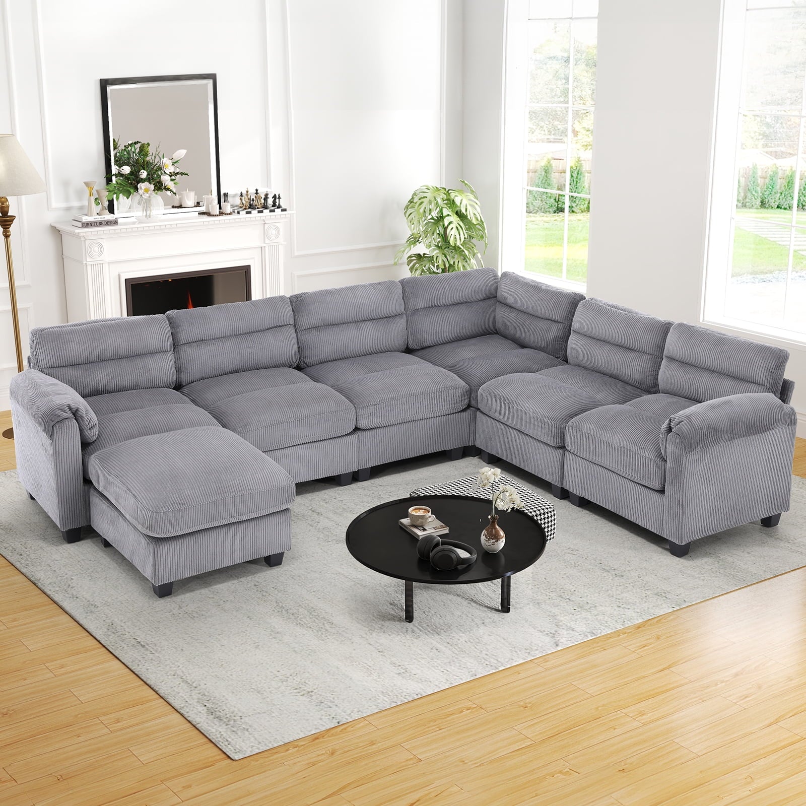 Bonzy Home Convertible Sectional Sofa Couch for Living Room With Ottoman Green