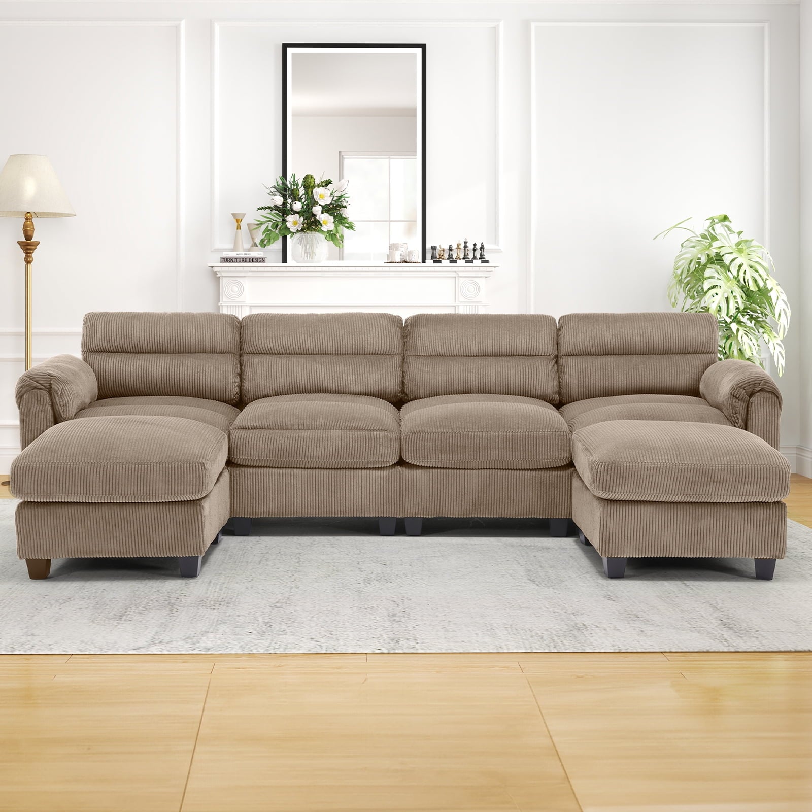Bonzy Home Convertible Sectional Sofa Couch for Living Room With Ottoman Green