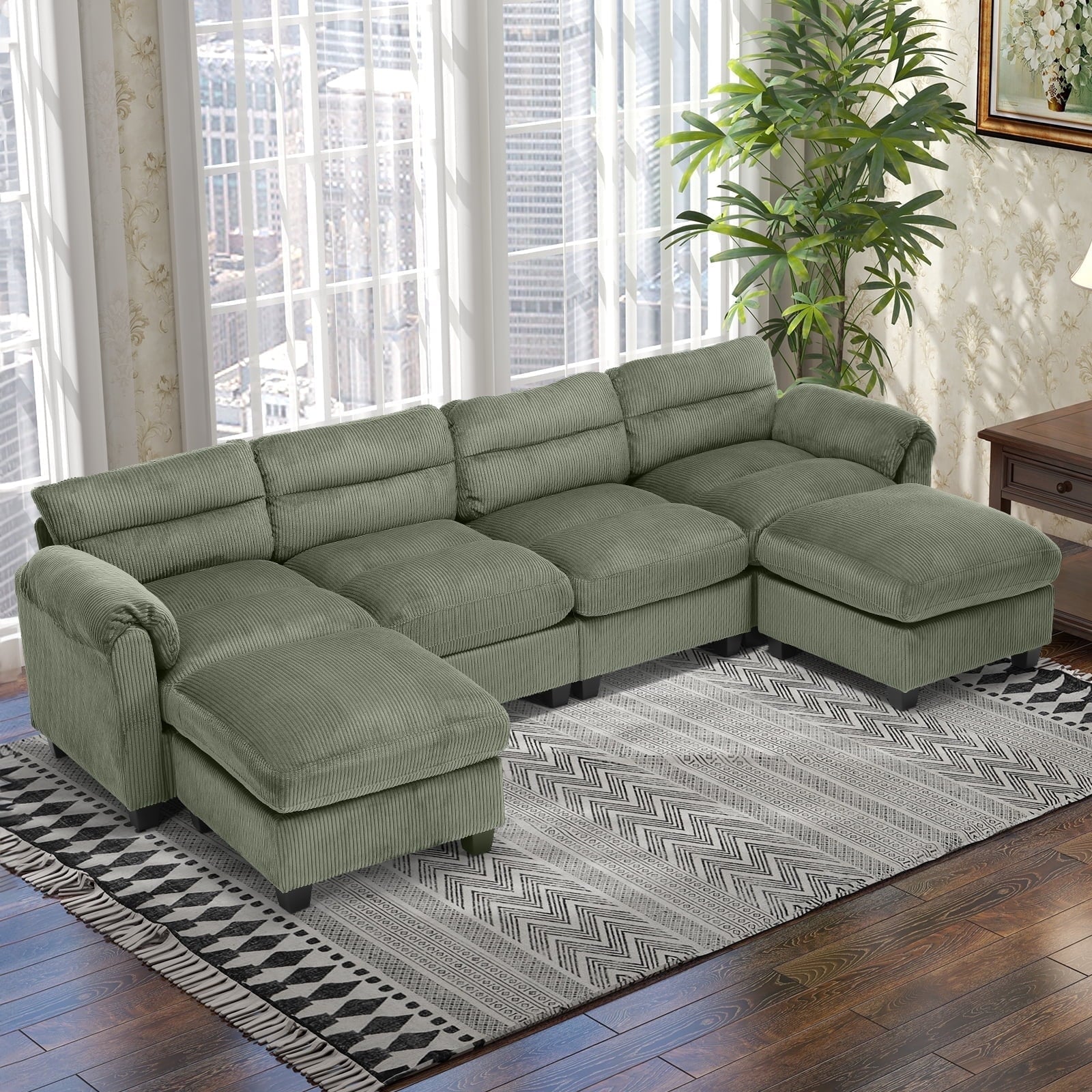 Bonzy Home Convertible Sectional Sofa Couch for Living Room With Ottoman Green