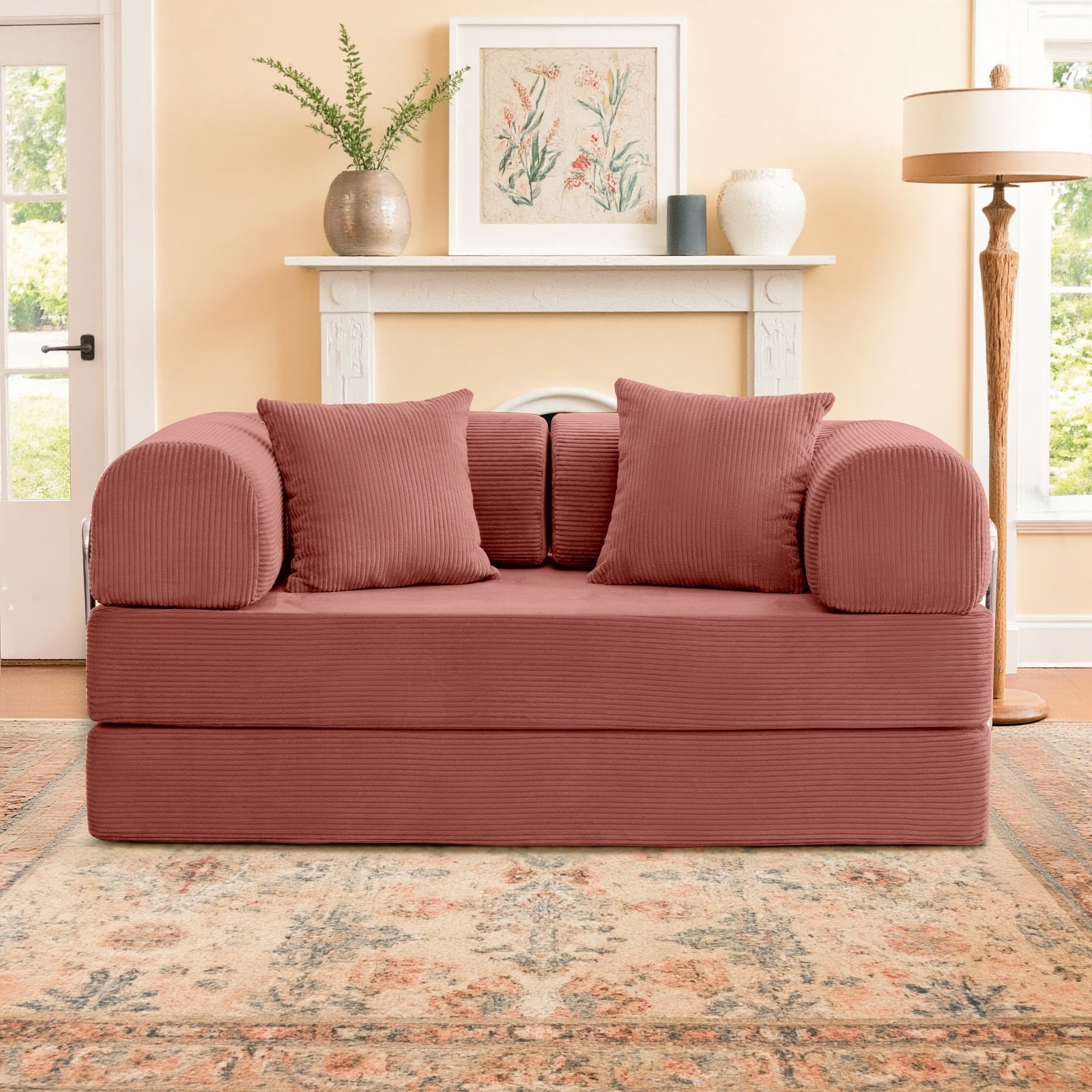 COOLHUT 78.7" W Combination Sofa, High Rebound Density Sponge Sofa Couch, Two Forms Floor Couch Three Seats Sofa Bed for Living Room, Bedroom, Pumpkin Brown