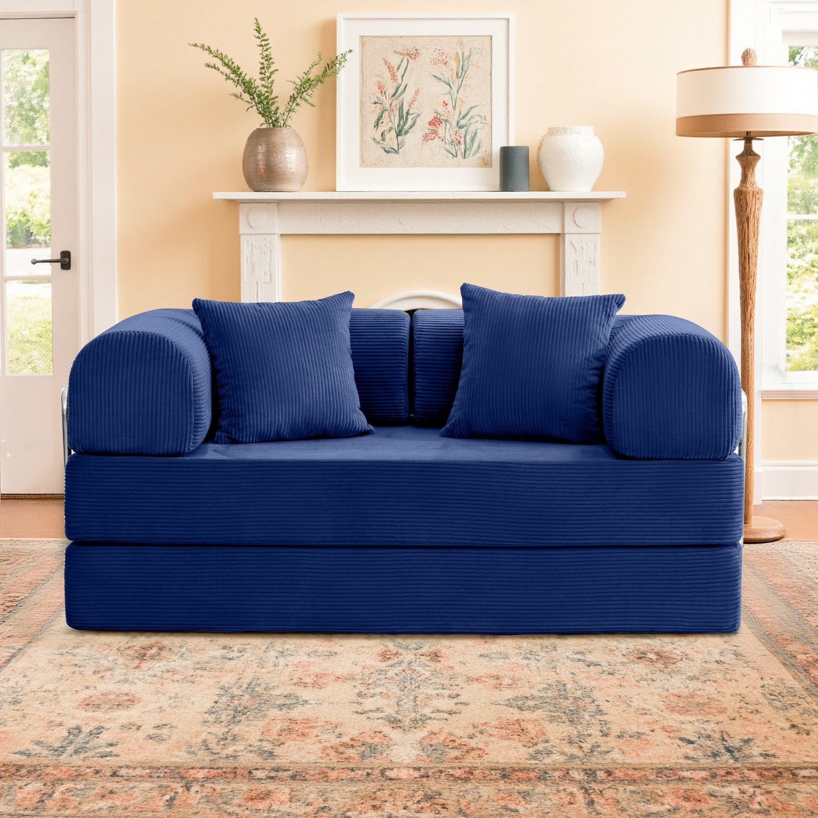 COOLHUT 78.7" W Combination Sofa, High Rebound Density Sponge Sofa Couch, Two Forms Floor Couch Three Seats Sofa Bed for Living Room, Bedroom, Pumpkin Brown