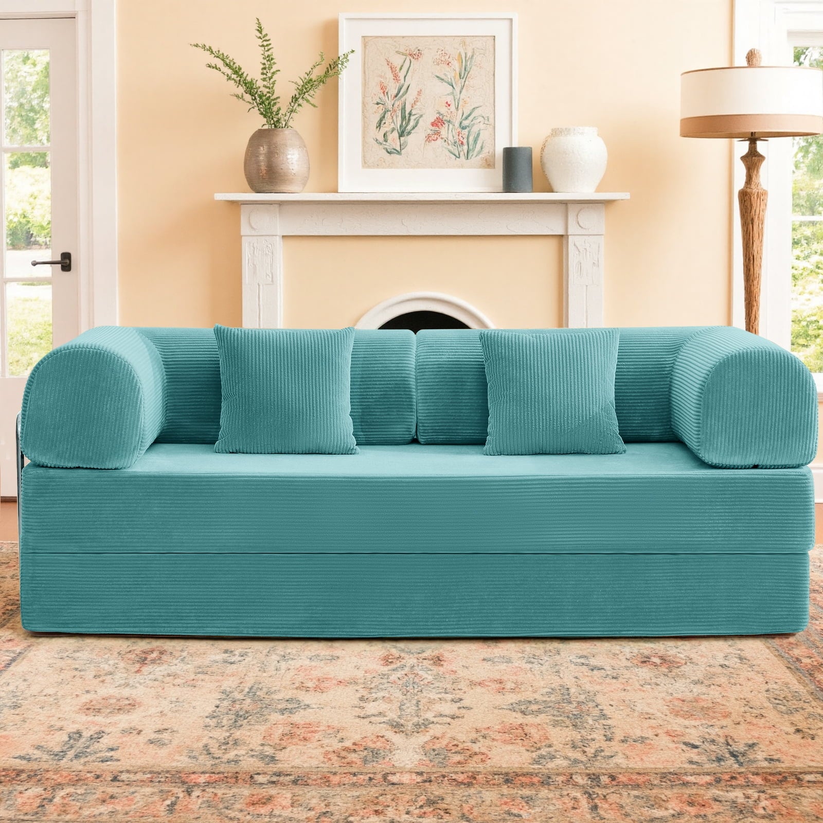 COOLHUT 78.7" W Combination Sofa, High Rebound Density Sponge Sofa Couch, Two Forms Floor Couch Three Seats Sofa Bed for Living Room, Bedroom, Pumpkin Brown