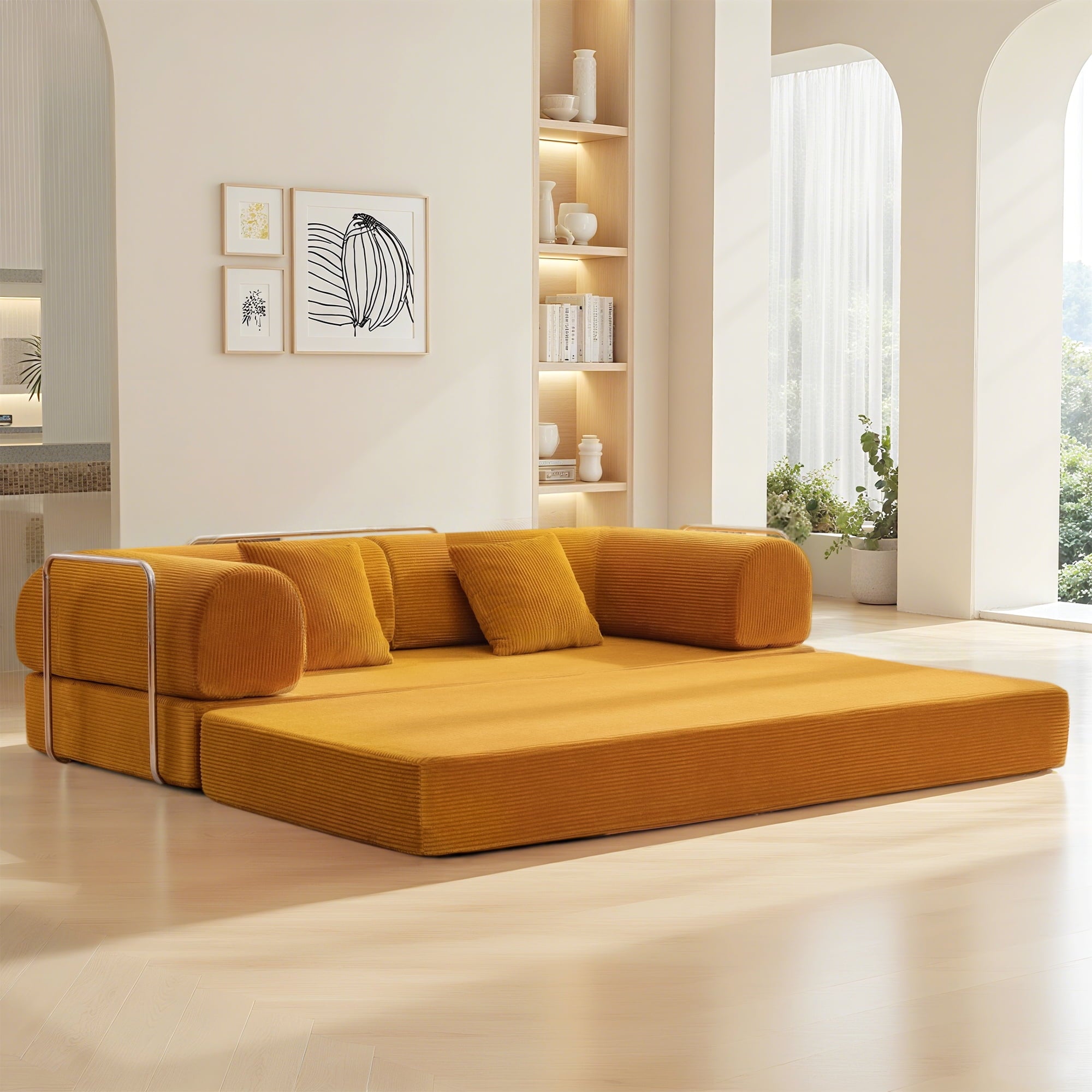 COOLHUT 78.7" W Combination Sofa, High Rebound Density Sponge Sofa Couch, Two Forms Floor Couch Three Seats Sofa Bed for Living Room, Bedroom, Pumpkin Brown