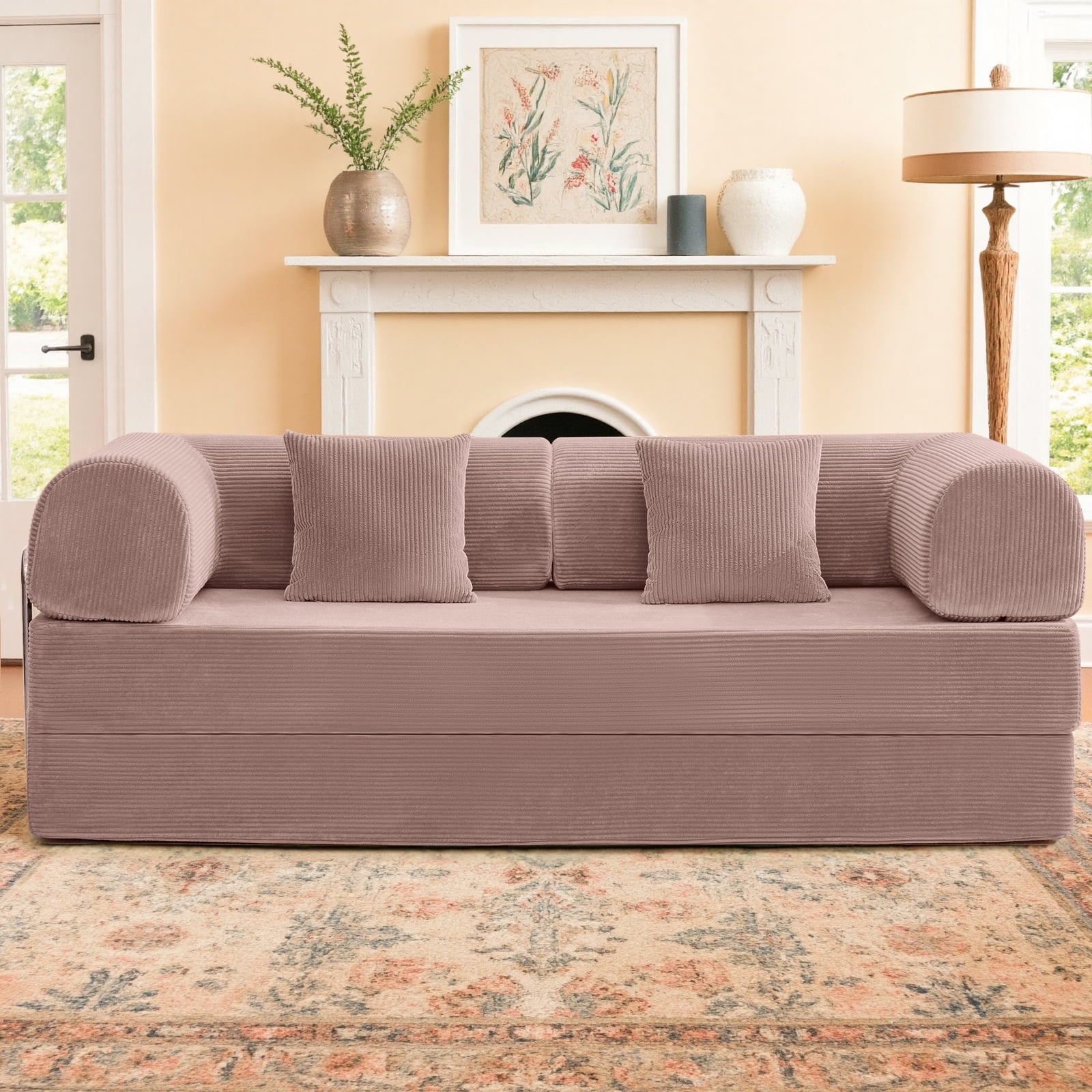 COOLHUT 78.7" W Combination Sofa, High Rebound Density Sponge Sofa Couch, Two Forms Floor Couch Three Seats Sofa Bed for Living Room, Bedroom, Pumpkin Brown