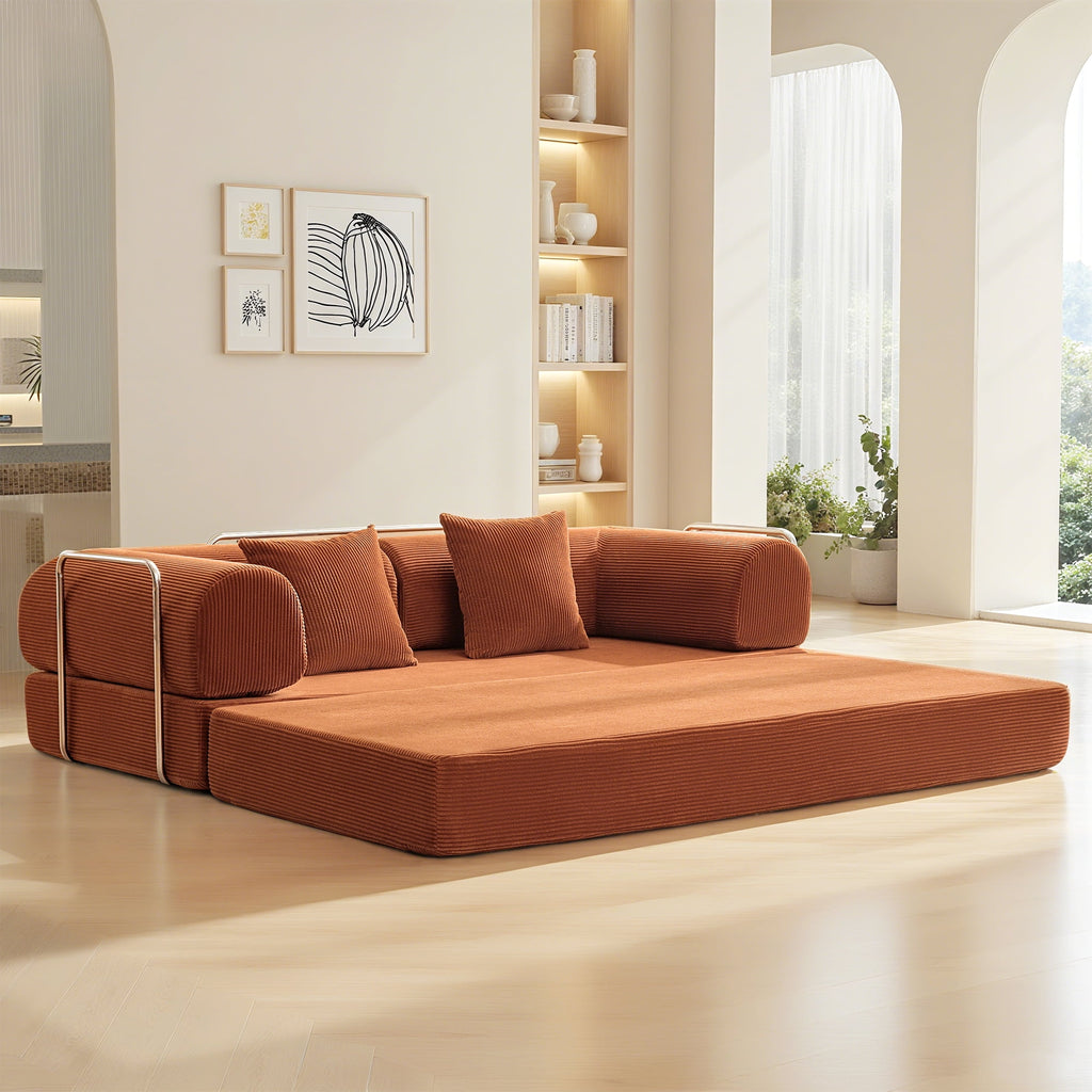COOLHUT 78.7" W Combination Sofa, High Rebound Density Sponge Sofa Couch, Two Forms Floor Couch Three Seats Sofa Bed for Living Room, Bedroom, Pumpkin Brown