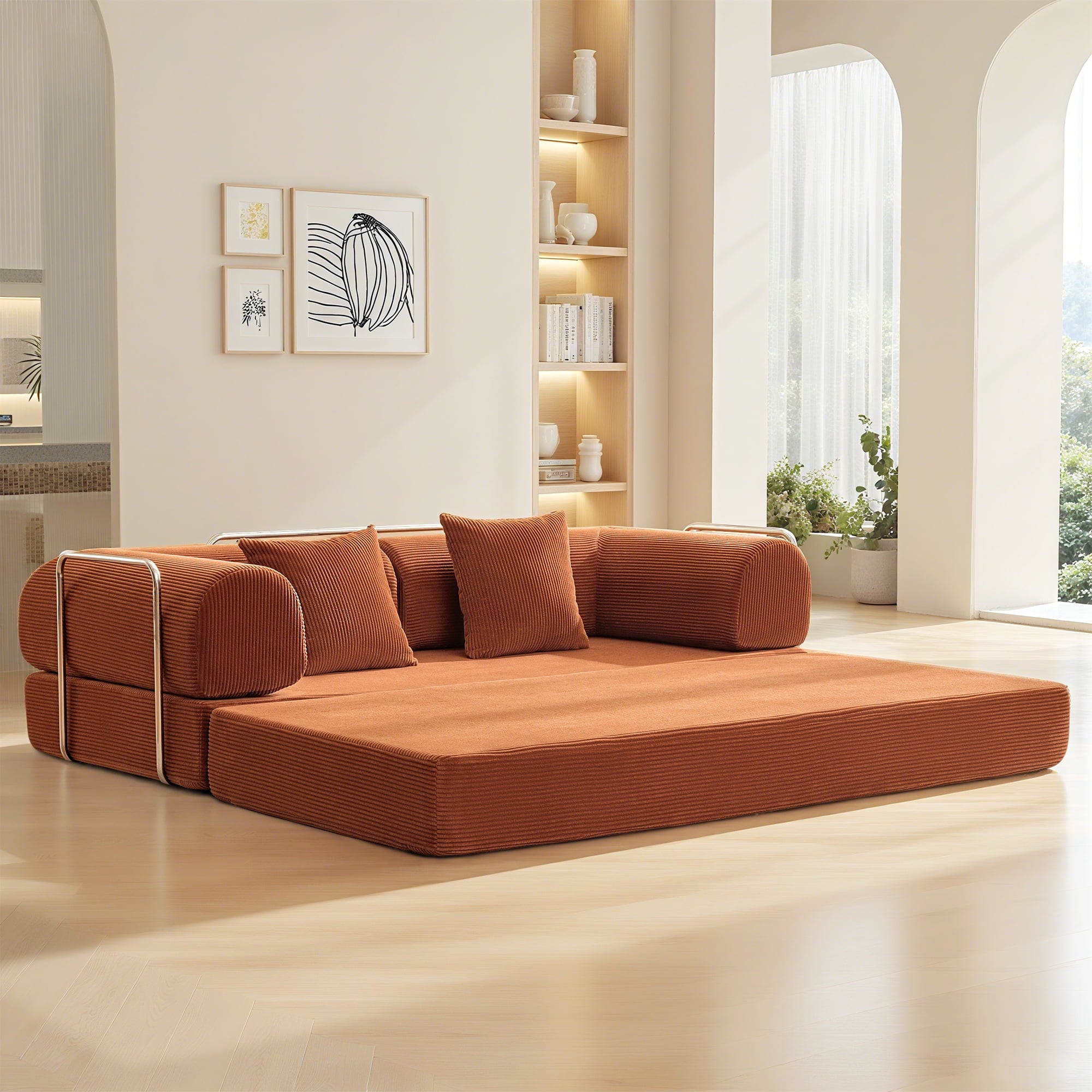 COOLHUT 78.7" W Combination Sofa, High Rebound Density Sponge Sofa Couch, Two Forms Floor Couch Three Seats Sofa Bed for Living Room, Bedroom, Pumpkin Brown