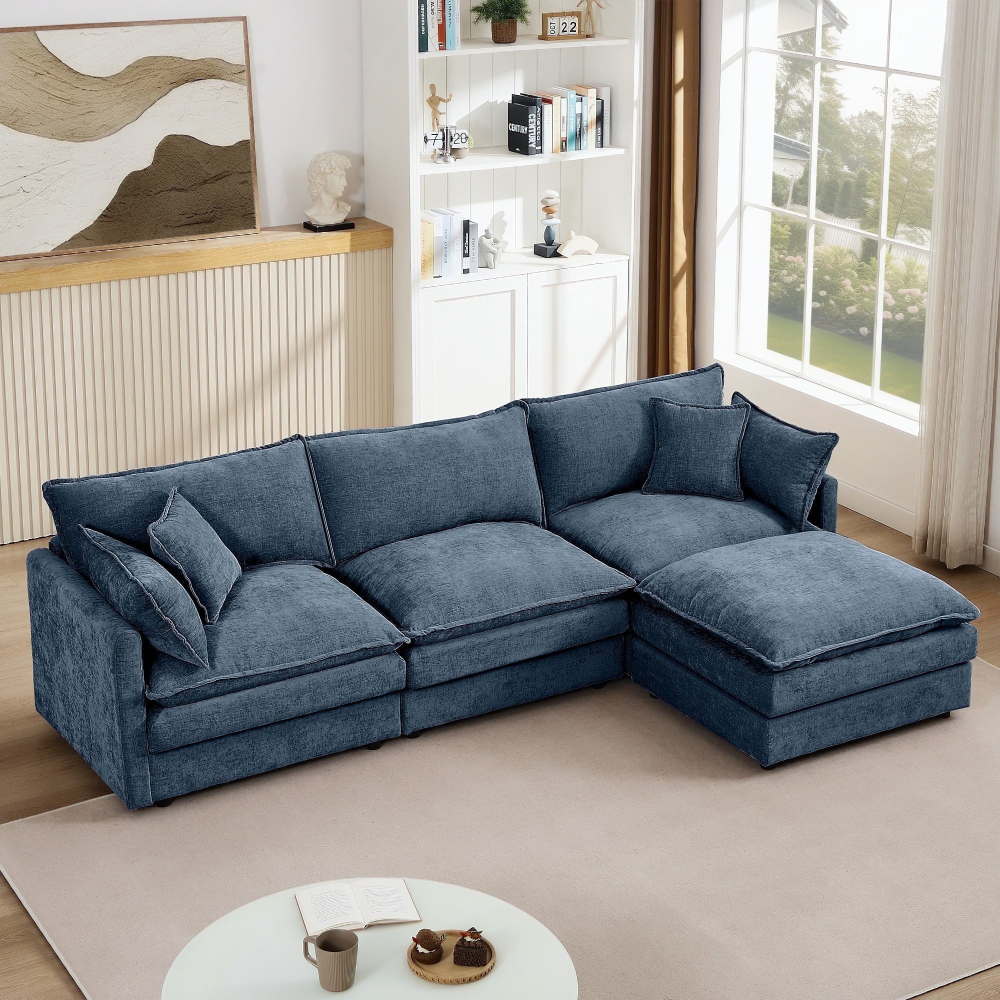 Muumblus Sectional Sofa Cloud Couch with Reversible Ottoman, L-Shaped Chenille Sofa for Living Rooms, Beige