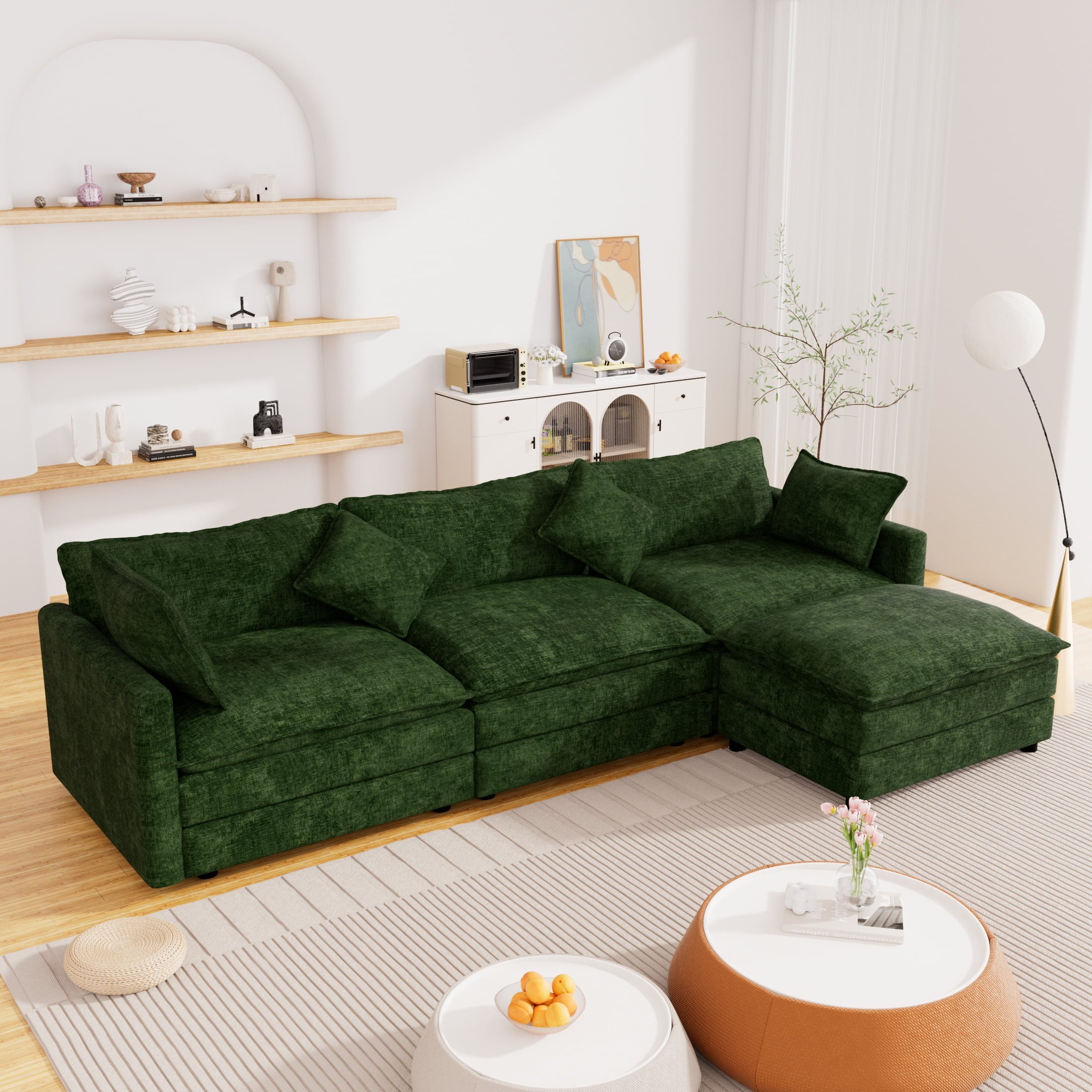 Muumblus Sectional Sofa Cloud Couch with Reversible Ottoman, L-Shaped Chenille Sofa for Living Rooms, Beige