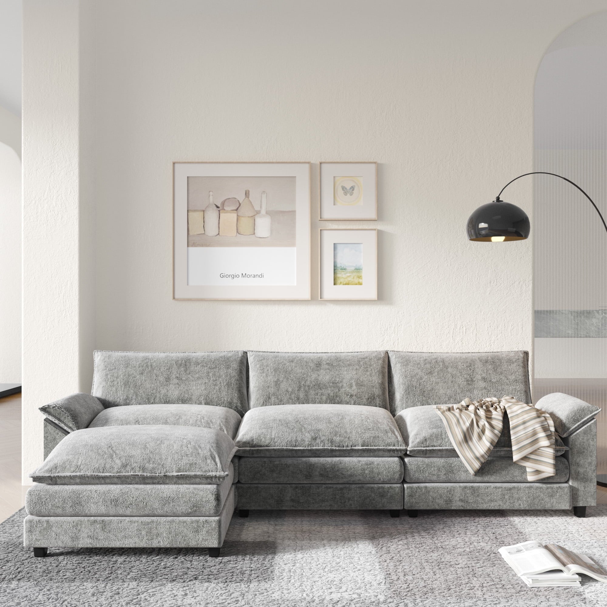 Furmax 3-seat Sectional Sofa Sectional Couch with Reversible Toffee Chair Convertible Sofa with Ottoman,Gray