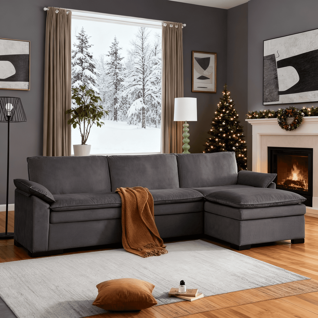 Gewnee 117.7" L - Shaped Velvet Modular Ultra Deep Seat Sectional Sofa, Super Comfy 3 -Seater with 1 Ottomans for Living Room