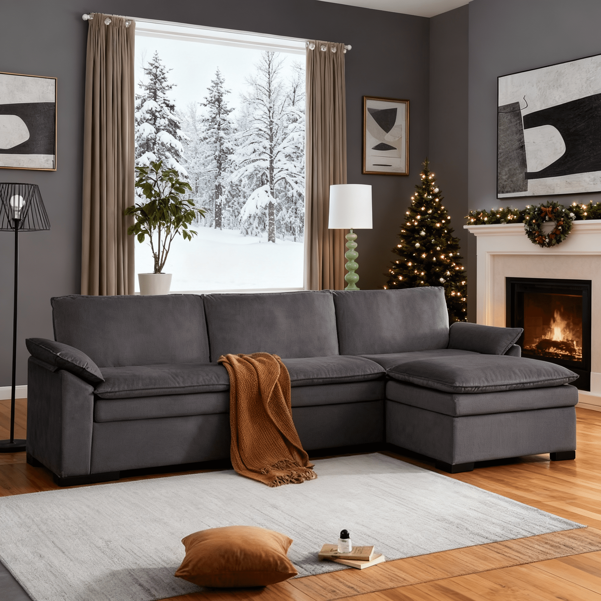 Gewnee 117.7" L - Shaped Velvet Modular Ultra Deep Seat Sectional Sofa, Super Comfy 3 -Seater with 1 Ottomans for Living Room