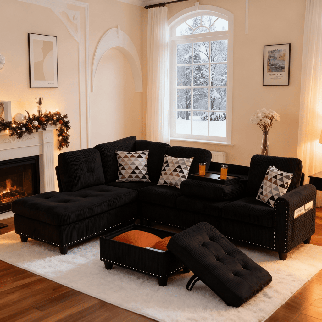 Gewnee 94.49" L-shaped Modular Fabric Sofa Set with Storage Ottoman and Cup Holders & throw pillows.Suitable for Living Rooms,Offices and Reception Rooms.Black