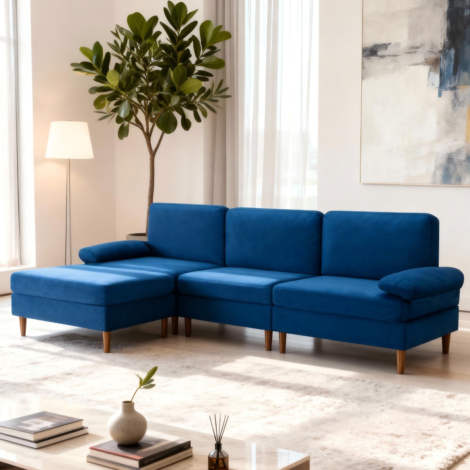 Gewnee Modern Sectional Sofa,L-shaped sofa with Movable Ottoman,Velvet Deep-Set sofa,Suitable for Living Rooms and Apartments(Navy Blue)