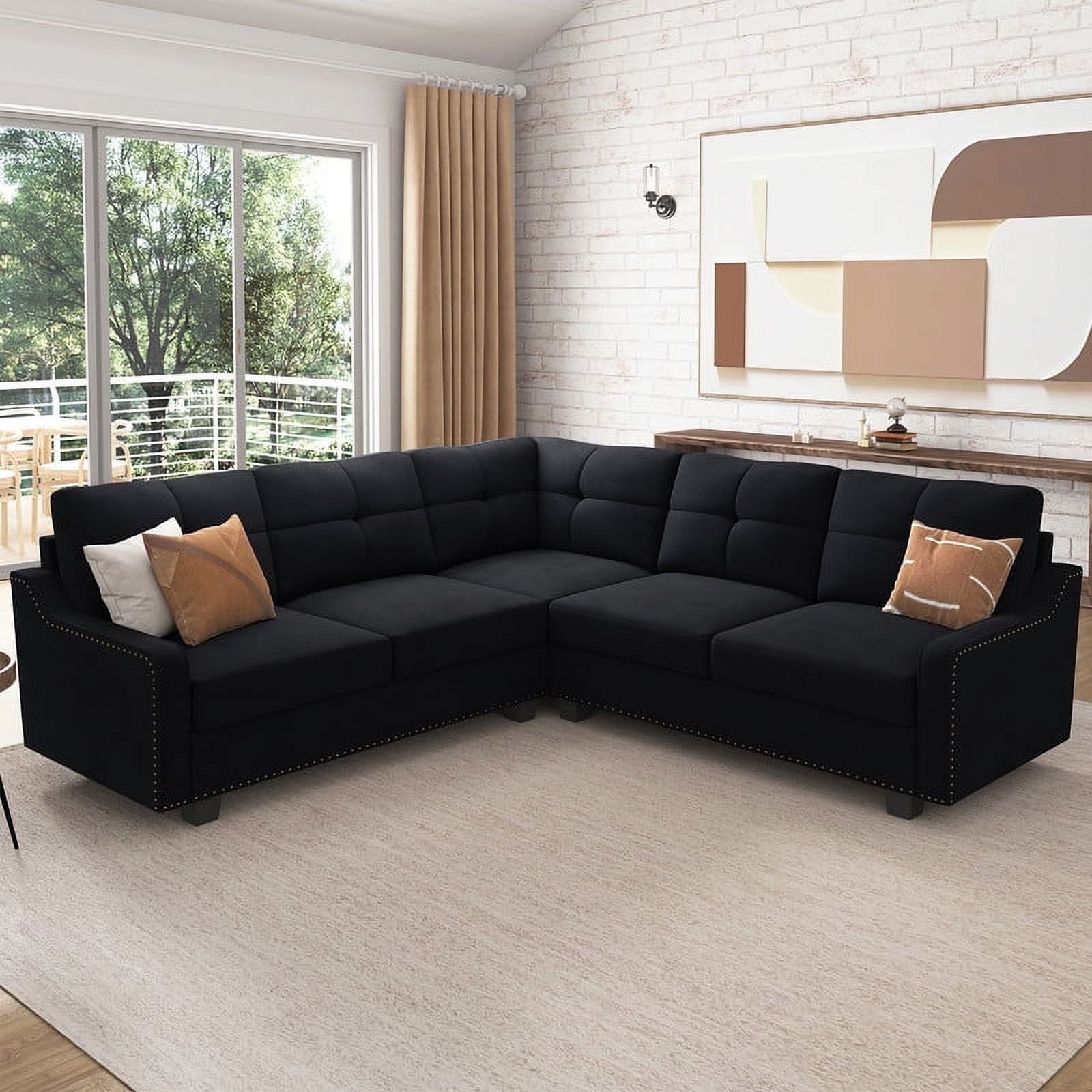 HONBAY Modern Convertible Sectional Sofa Velvet Corner Sofa Couch for Living Room in Black