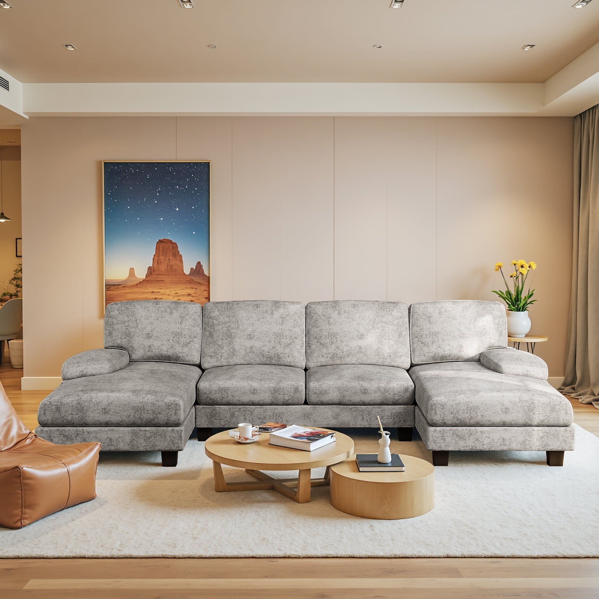 Homall Modern U-Shape Sectional Sofa, Chenille Fabric Modular Couch, 4 Seat Oversized Sofa with Chaise for Living Room, White