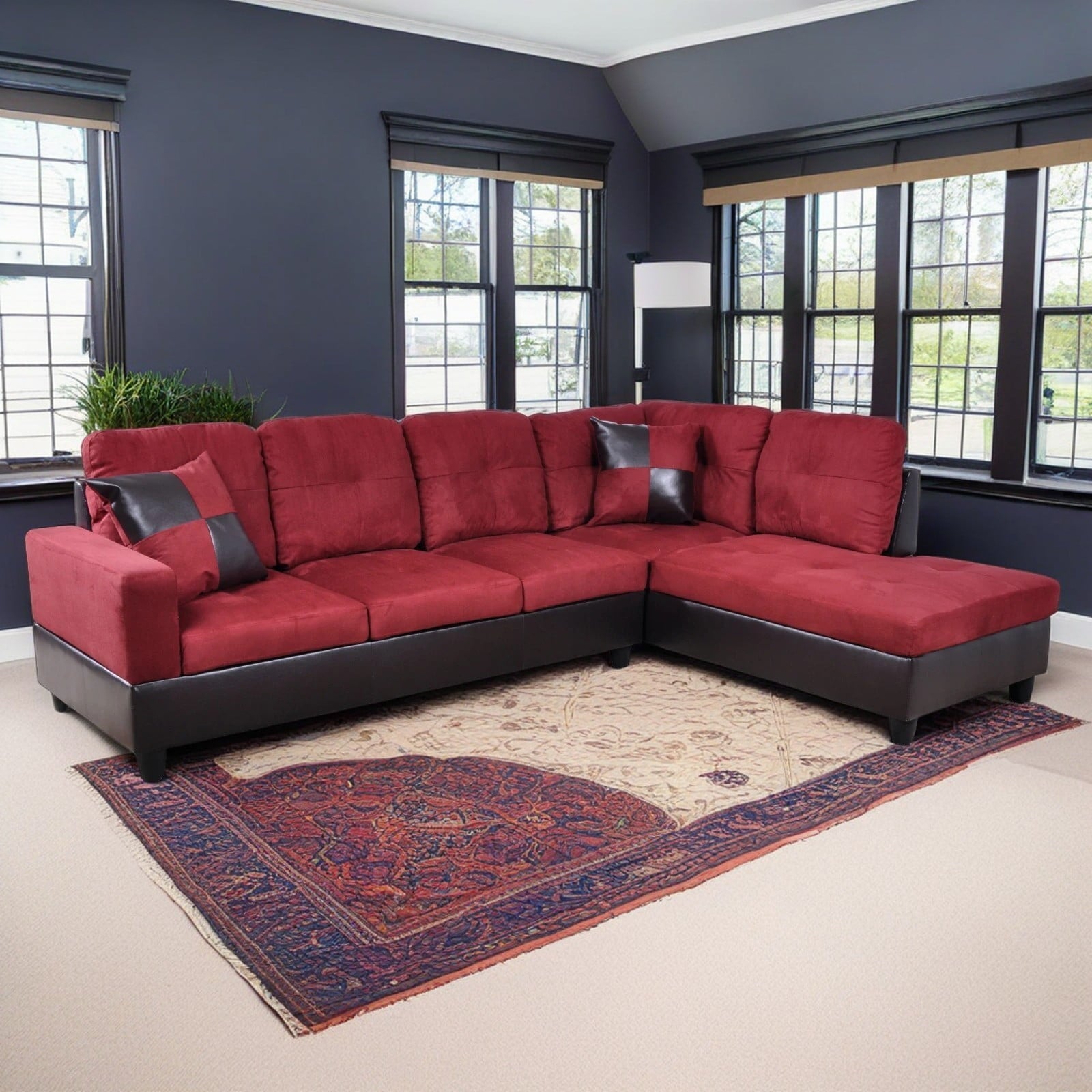 Hommoo Flannel and PVC Living Room Furniture Sets, L Shaped Couches and Sofas, Modern Sectional Sofa for Home & Office, Red(No Ottomans)