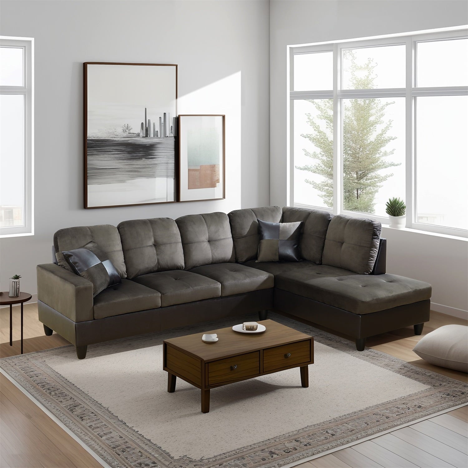 Hommoo Flannel and PVC Living Room Furniture Sets, L Shaped Couches and Sofas, Modern Sectional Sofa for Home & Office, Red(No Ottomans)