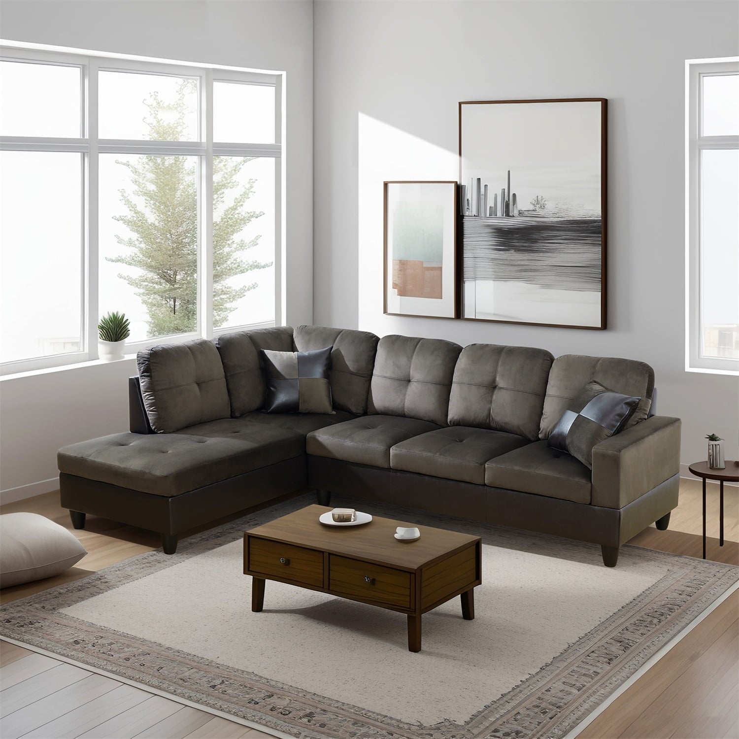 Hommoo Flannel and PVC Living Room Furniture Sets, L Shaped Couches and Sofas, Modern Sectional Sofa for Home & Office, Red(No Ottomans)