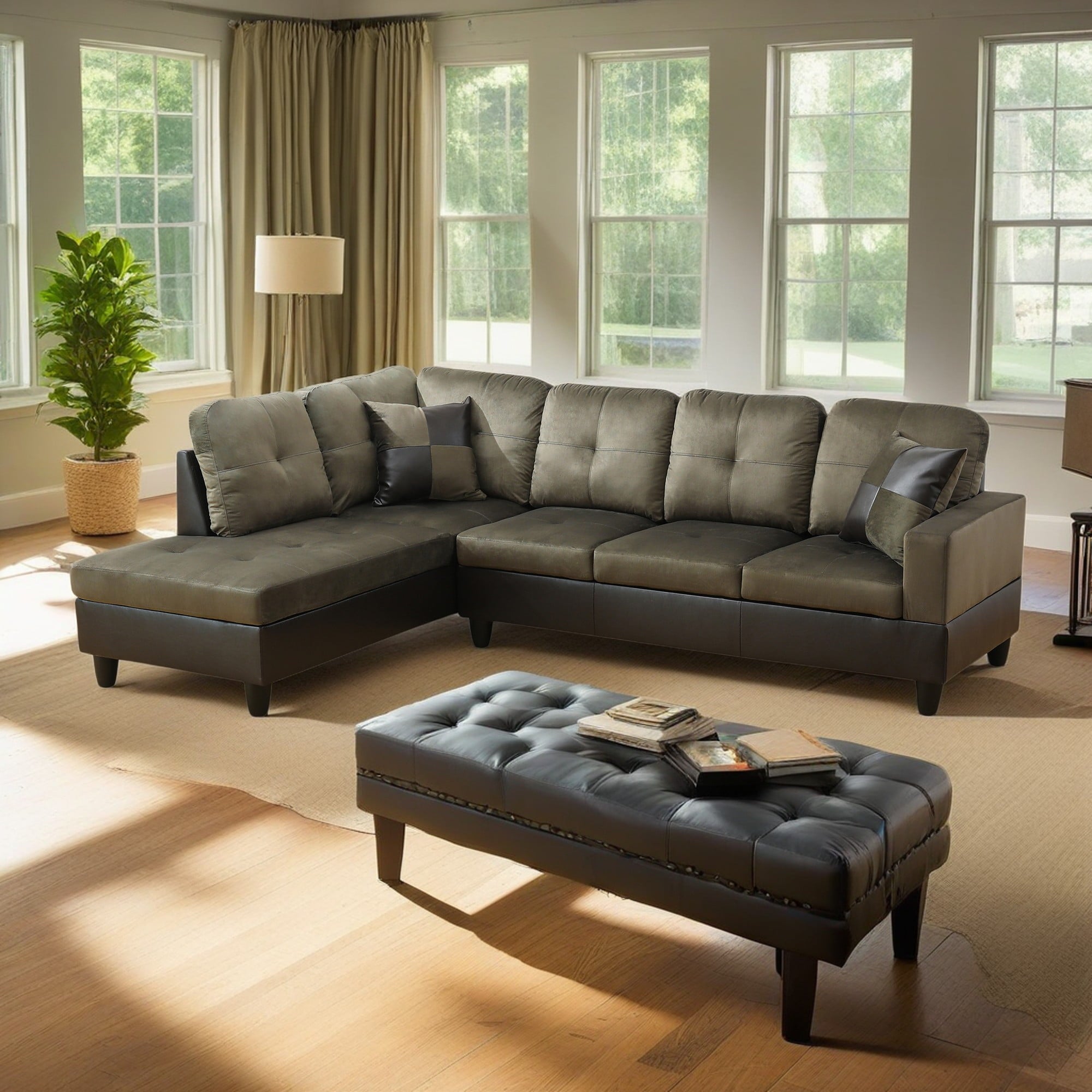 Hommoo Flannel and PVC Living Room Furniture Sets, L Shaped Couches and Sofas, Modern Sectional Sofa for Home & Office, Red(No Ottomans)