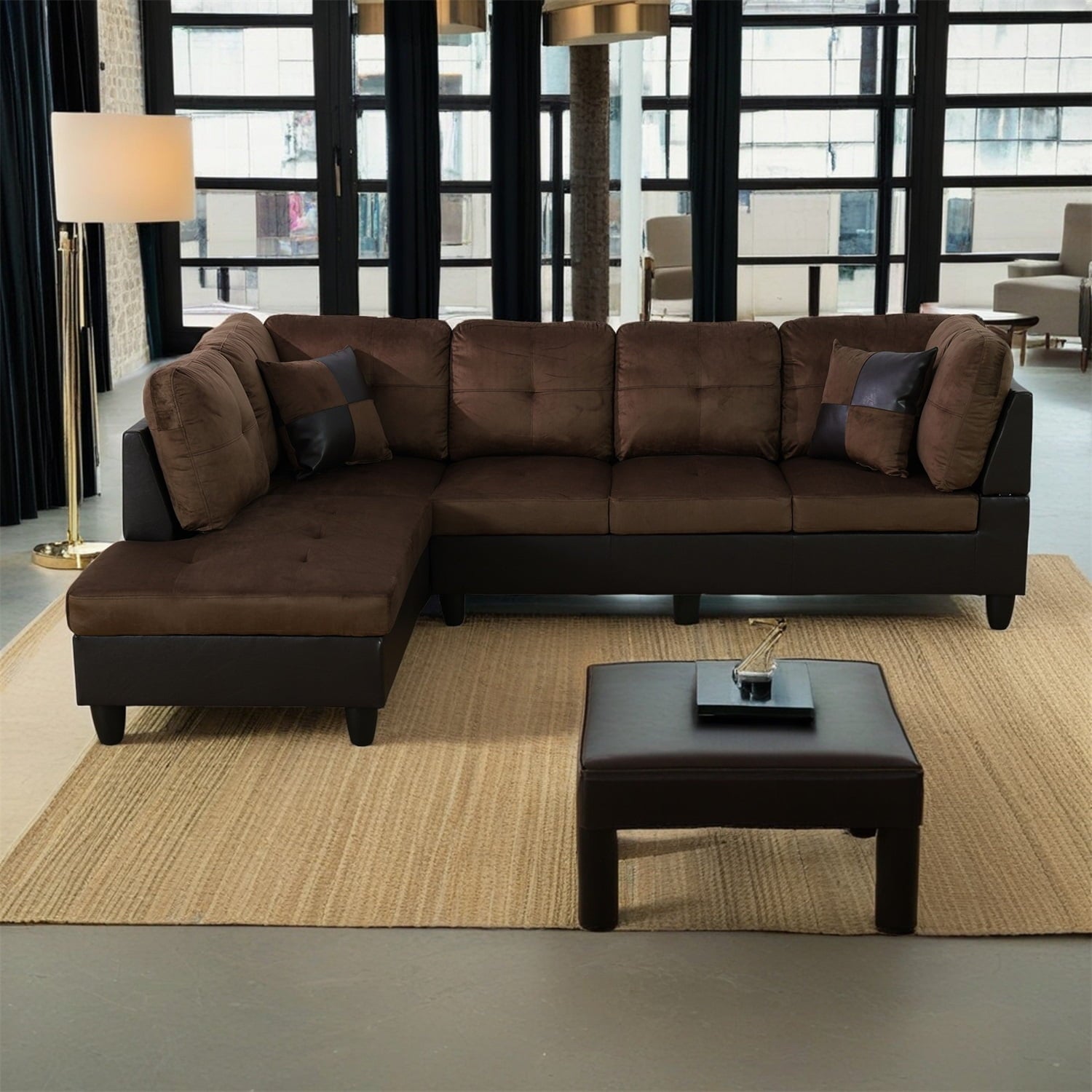 Hommoo Flannel and PVC Living Room Furniture Sets, L Shaped Couches and Sofas, Modern Sectional Sofa for Home & Office, Red(No Ottomans)