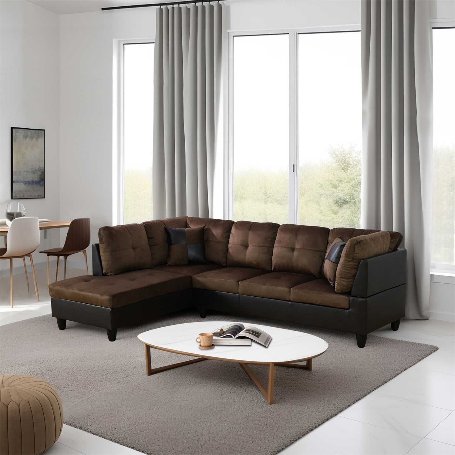 Hommoo Flannel and PVC Living Room Furniture Sets, L Shaped Couches and Sofas, Modern Sectional Sofa for Home & Office, Red(No Ottomans)