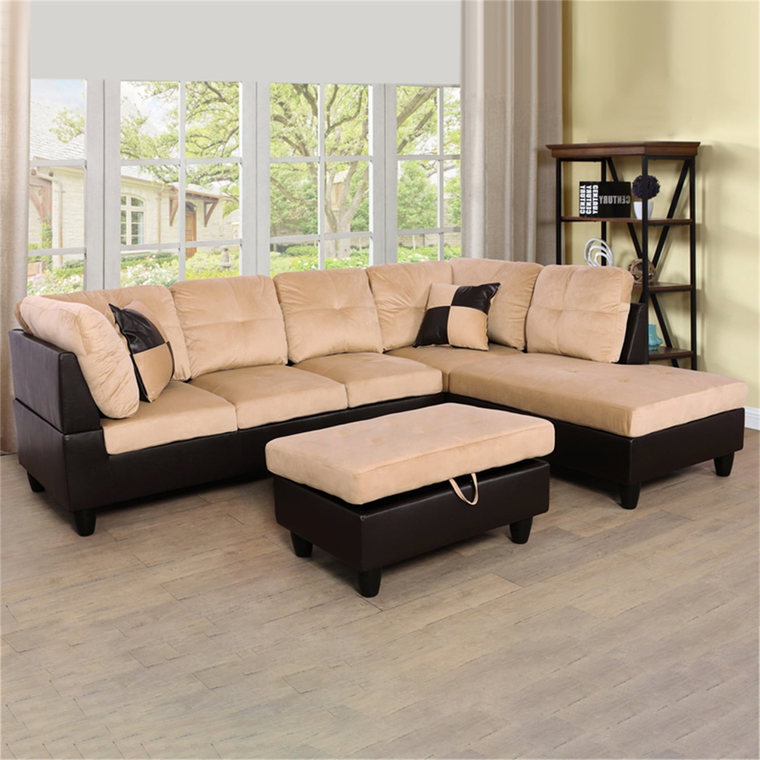 Hommoo Lint &PVC Sectional Sofa Couch 4-Seat Living Room Furniture Sets, Modern L Shaped Sectional Sofa Set, Beige and Brown(No Ottoman)