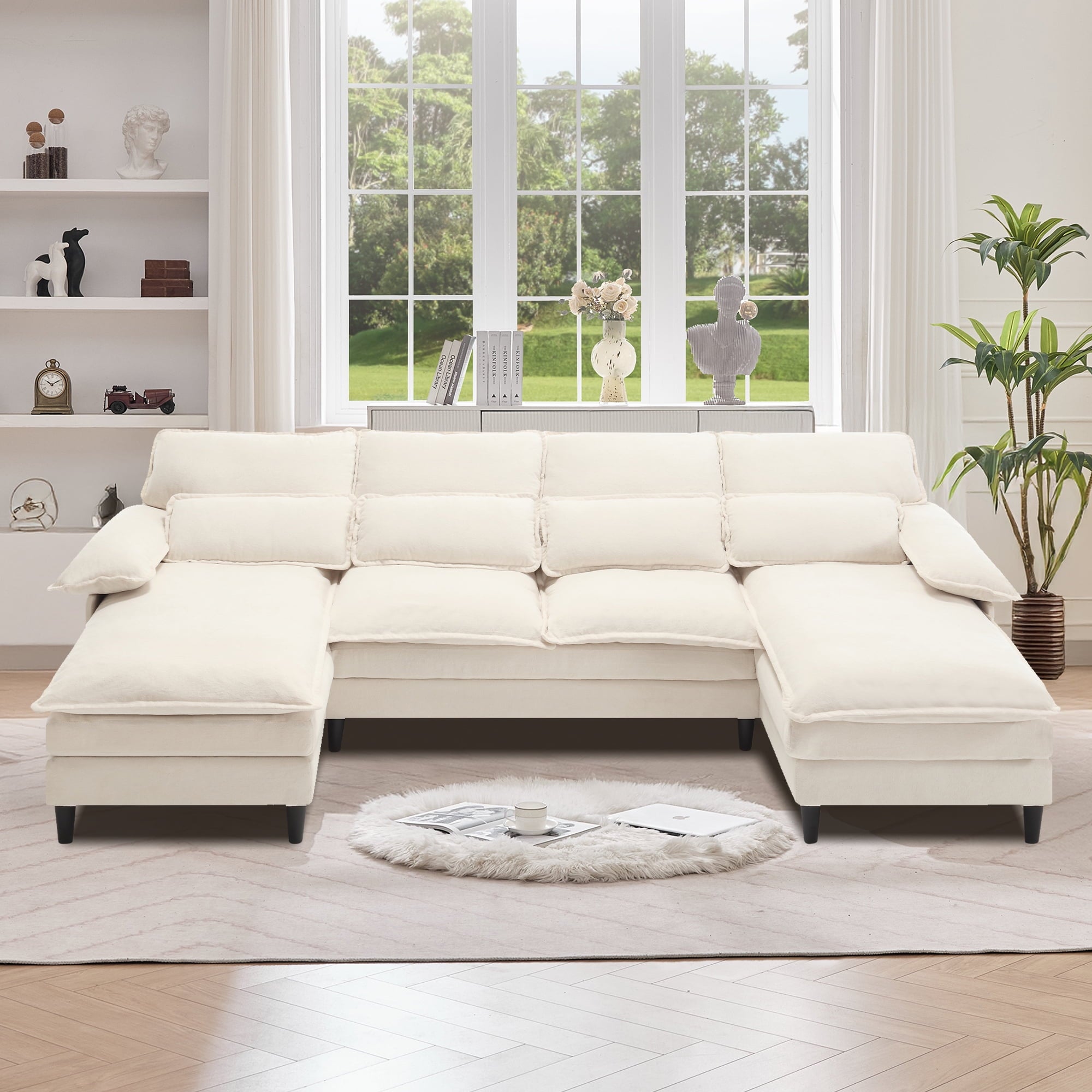 JONPONY 109.45"U Shaped Couch, 4 Seat Sectional with 4 Throw Pillows, Convertible Upholstery Symmetrical Sofá,High Dense Memory Foam with Double Chaise Lounge &Memory Foam for Living Room, Black Grey