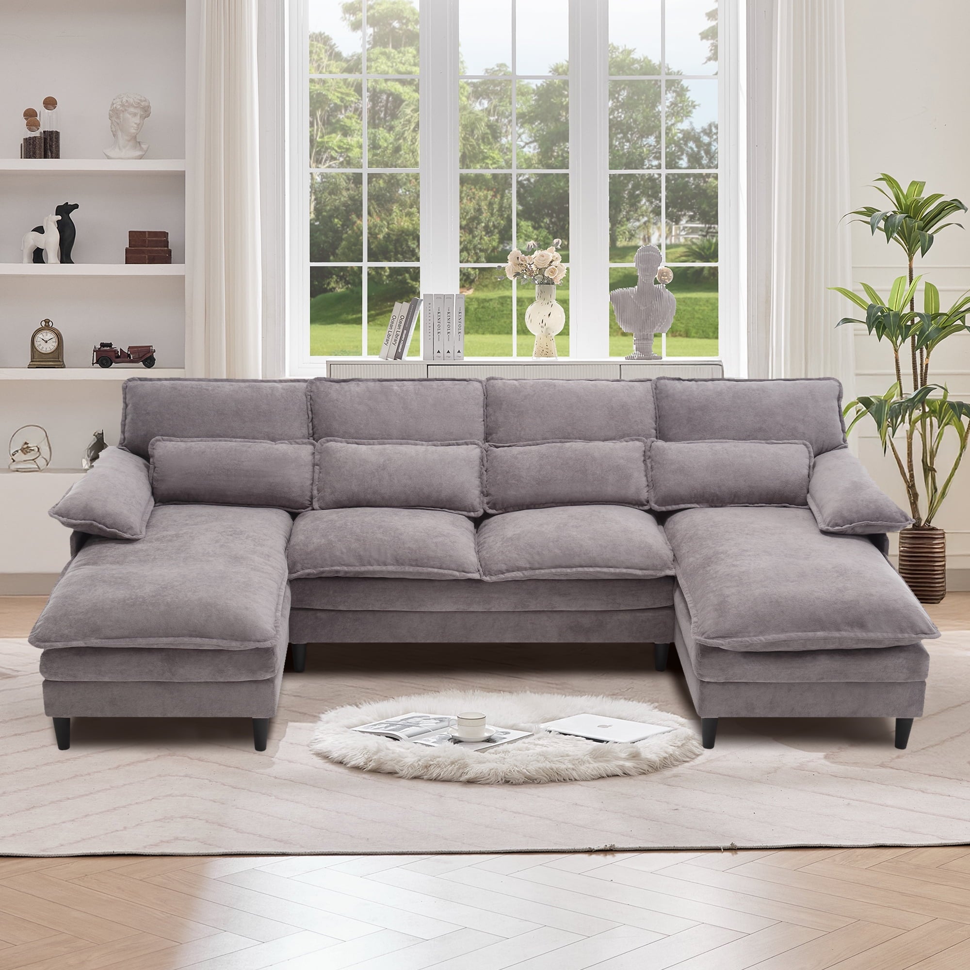 JONPONY 109.45"U Shaped Couch, 4 Seat Sectional with 4 Throw Pillows, Convertible Upholstery Symmetrical Sofá,High Dense Memory Foam with Double Chaise Lounge &Memory Foam for Living Room, Black Grey