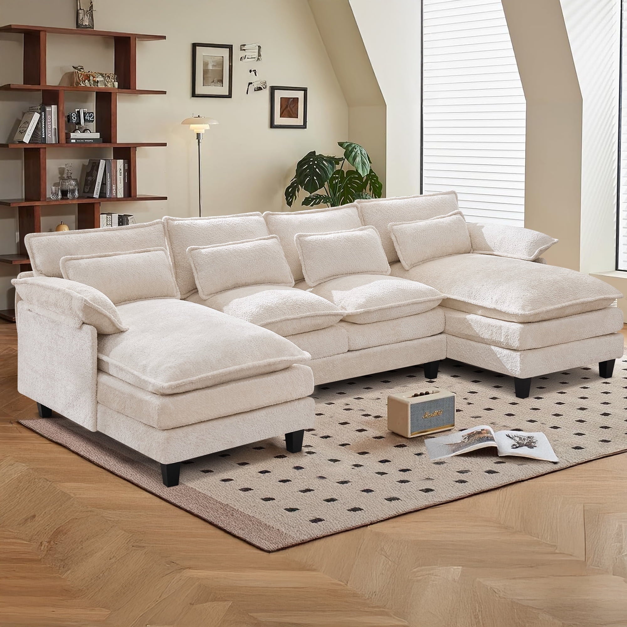 JONPONY 109.45"U Shaped Couch, 4 Seat Sectional with 4 Throw Pillows, Convertible Upholstery Symmetrical Sofá,High Dense Memory Foam with Double Chaise Lounge &Memory Foam for Living Room, Black Grey