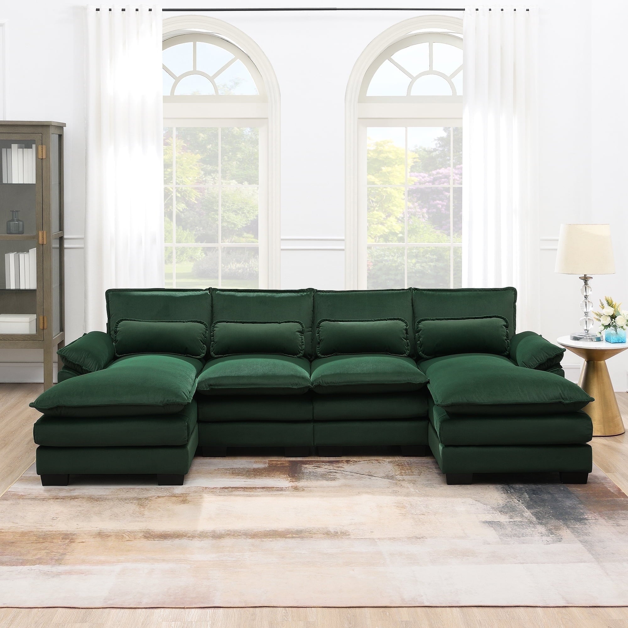 JONPONY 109.45"U Shaped Couch, 4 Seat Sectional with 4 Throw Pillows, Convertible Upholstery Symmetrical Sofá,High Dense Memory Foam with Double Chaise Lounge &Memory Foam for Living Room, Black Grey