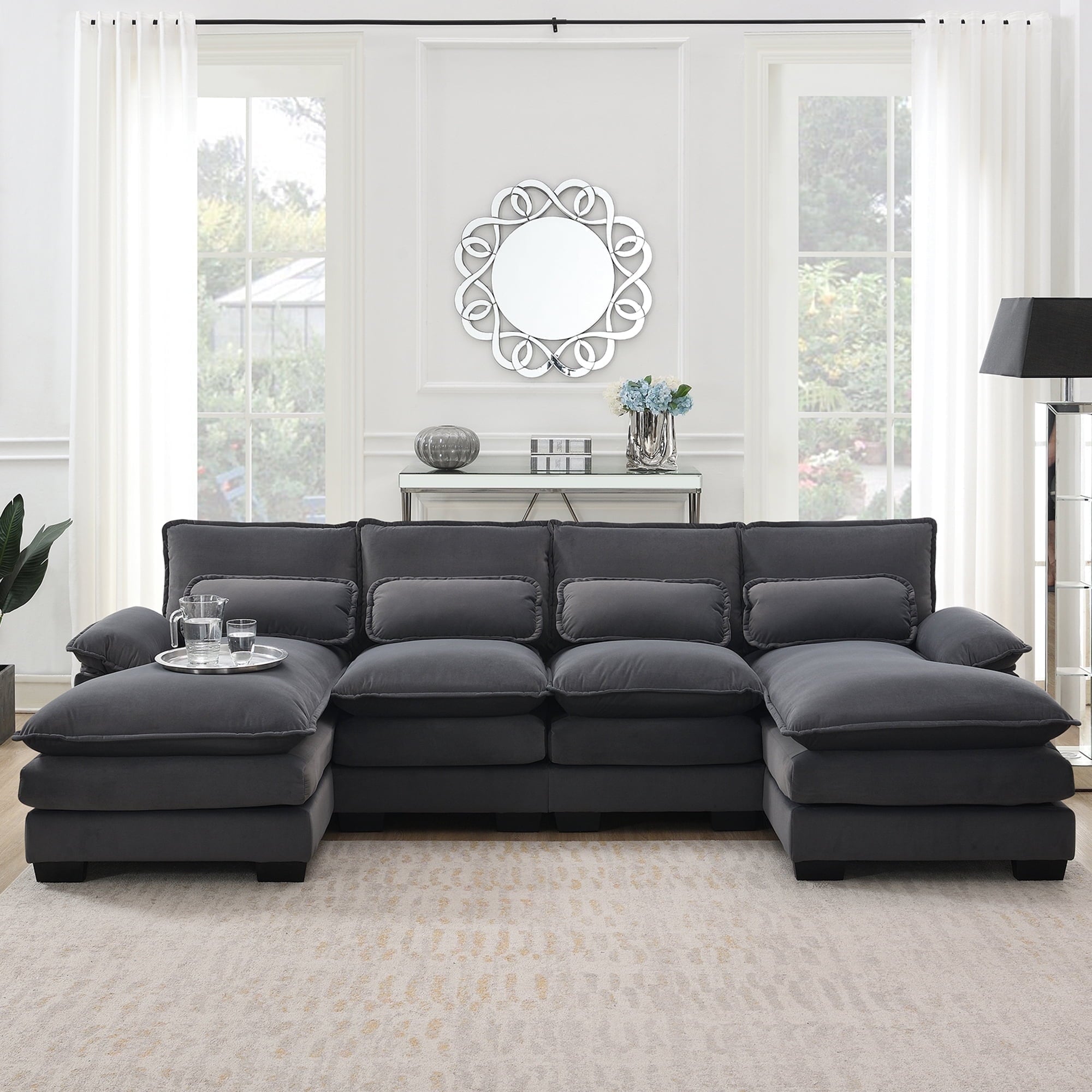 JONPONY 109.45"U Shaped Couch, 4 Seat Sectional with 4 Throw Pillows, Convertible Upholstery Symmetrical Sofá,High Dense Memory Foam with Double Chaise Lounge &Memory Foam for Living Room, Black Grey