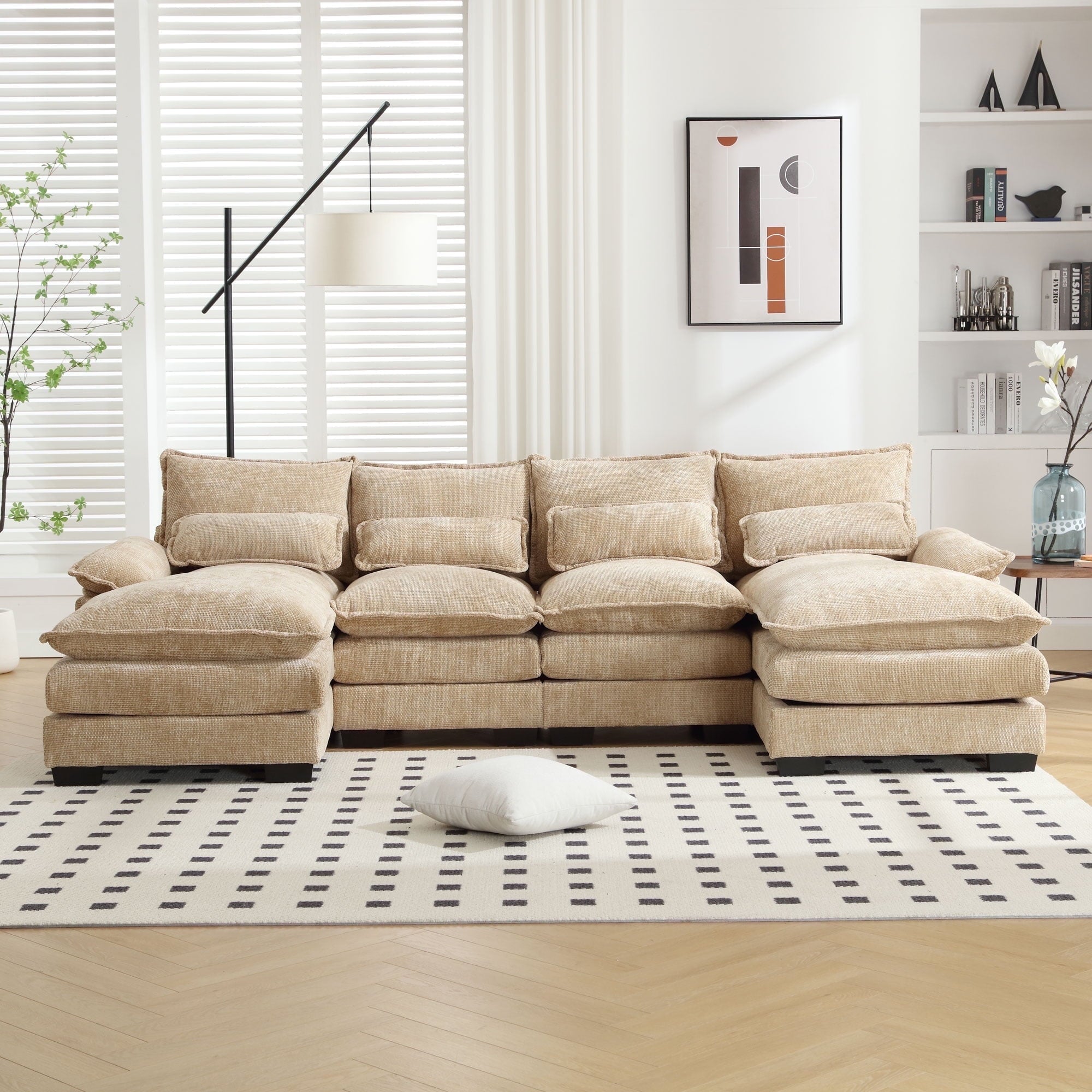 JONPONY 109.45"U Shaped Couch, 4 Seat Sectional with 4 Throw Pillows, Convertible Upholstery Symmetrical Sofá,High Dense Memory Foam with Double Chaise Lounge &Memory Foam for Living Room, Black Grey