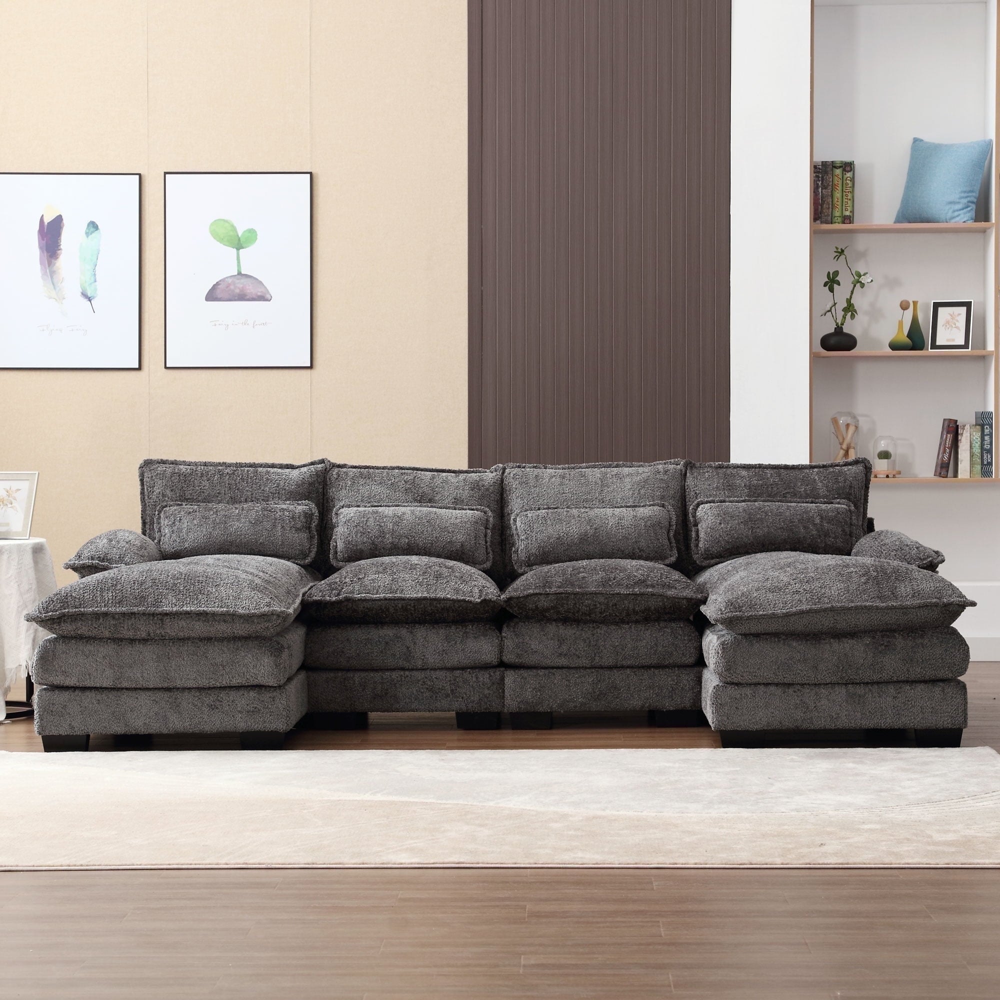 JONPONY 109.45"U Shaped Couch, 4 Seat Sectional with 4 Throw Pillows, Convertible Upholstery Symmetrical Sofá,High Dense Memory Foam with Double Chaise Lounge &Memory Foam for Living Room, Black Grey