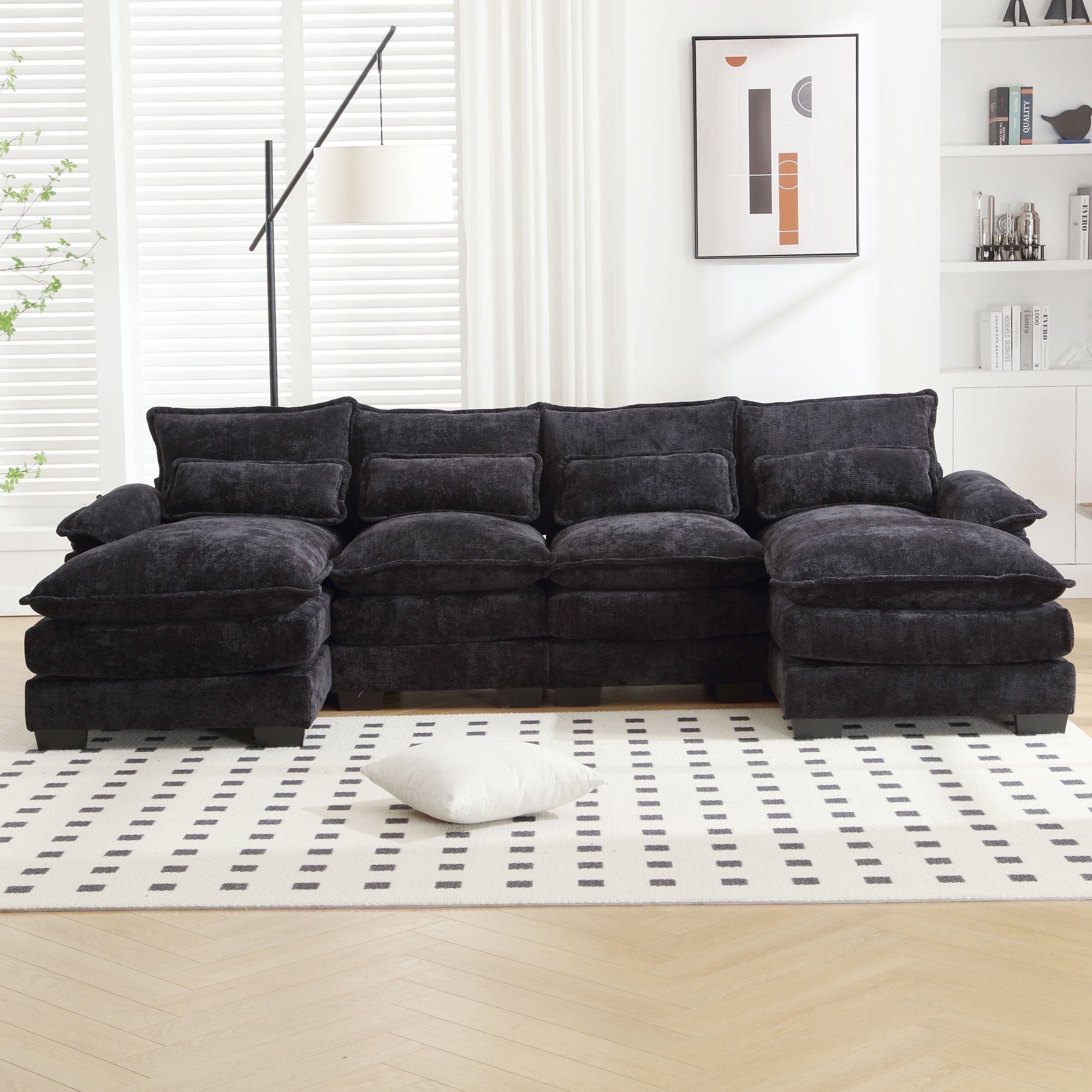 JONPONY 109.45"U Shaped Couch, 4 Seat Sectional with 4 Throw Pillows, Convertible Upholstery Symmetrical Sofá,High Dense Memory Foam with Double Chaise Lounge &Memory Foam for Living Room, Black Grey